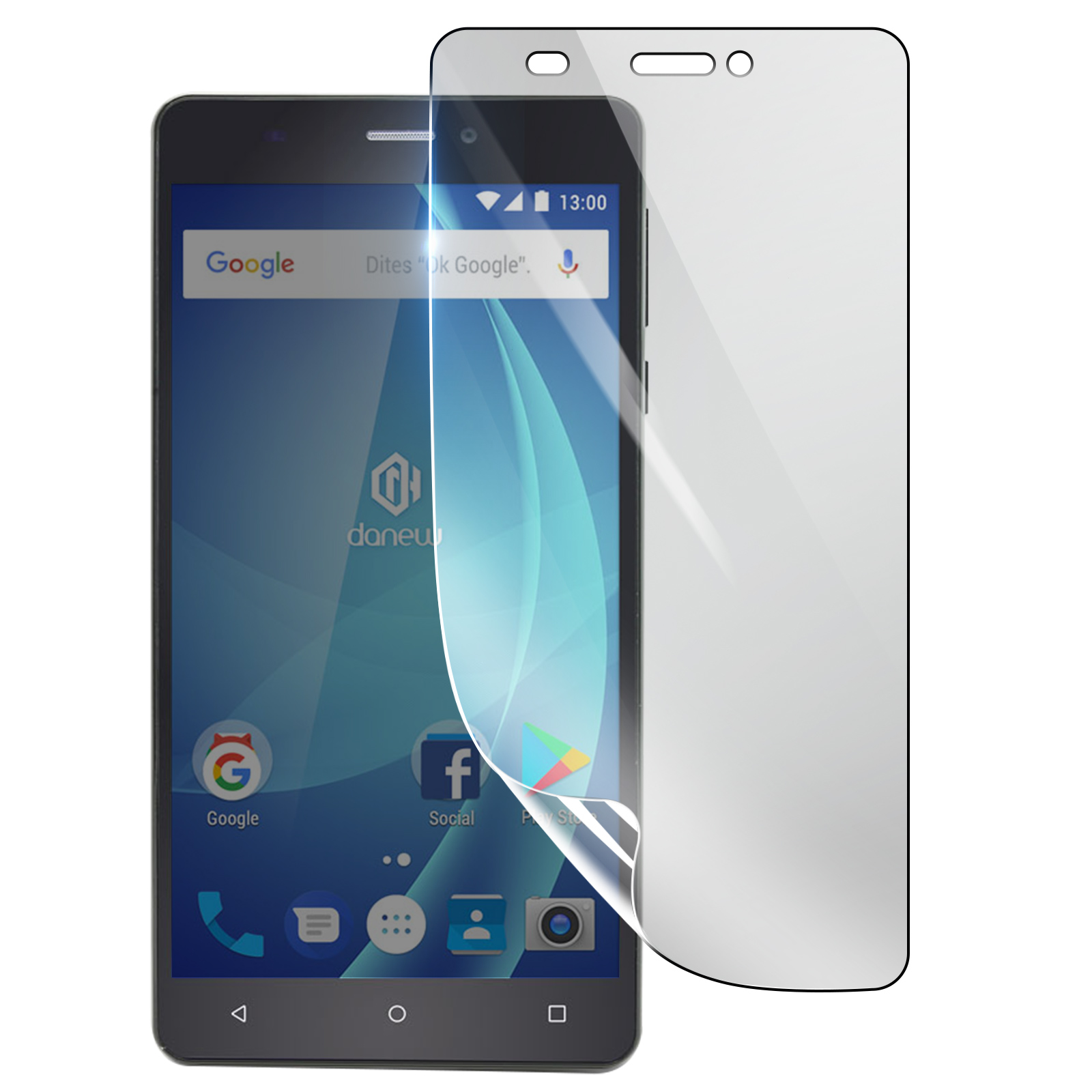 Smartphone con protezione schermo. Il telefono mostra icone di Google, Facebook e Play Store. Viene applicata una protezione schermo trasparente.
