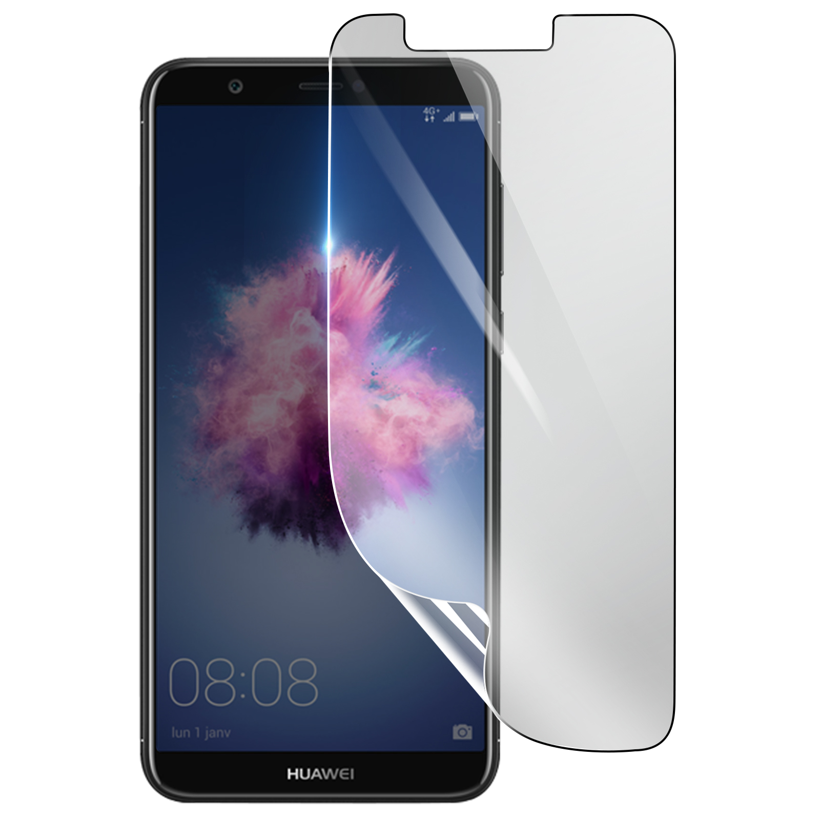 Un telefono Huawei nero con una protezione per lo schermo in fase di applicazione. Lo schermo mostra l'ora e un design astratto colorato.