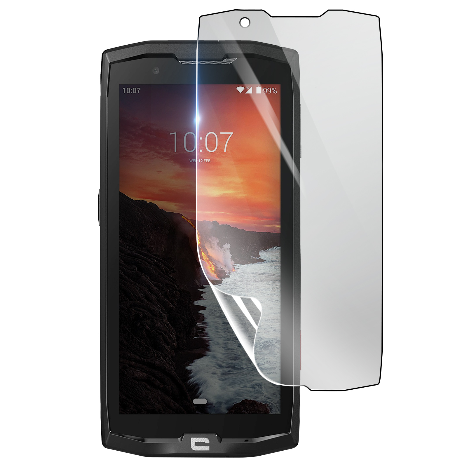 Smartphone nero con protezione schermo. Lo schermo mostra un paesaggio con montagne, acqua e tramonto.
