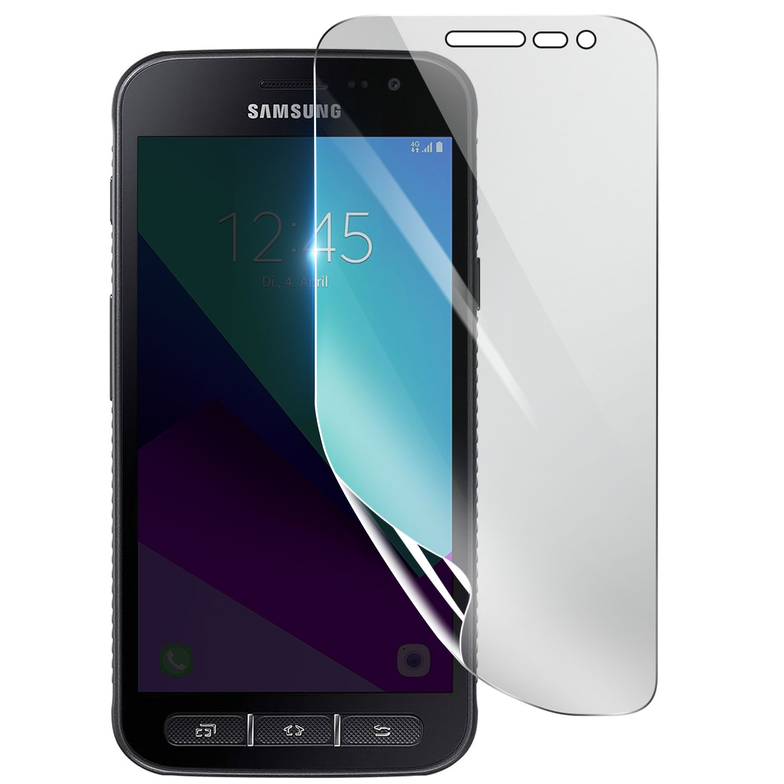 Smartphone Samsung con protezione schermo applicata. Lo schermo mostra 12:45. Una protezione trasparente è parzialmente rimossa.