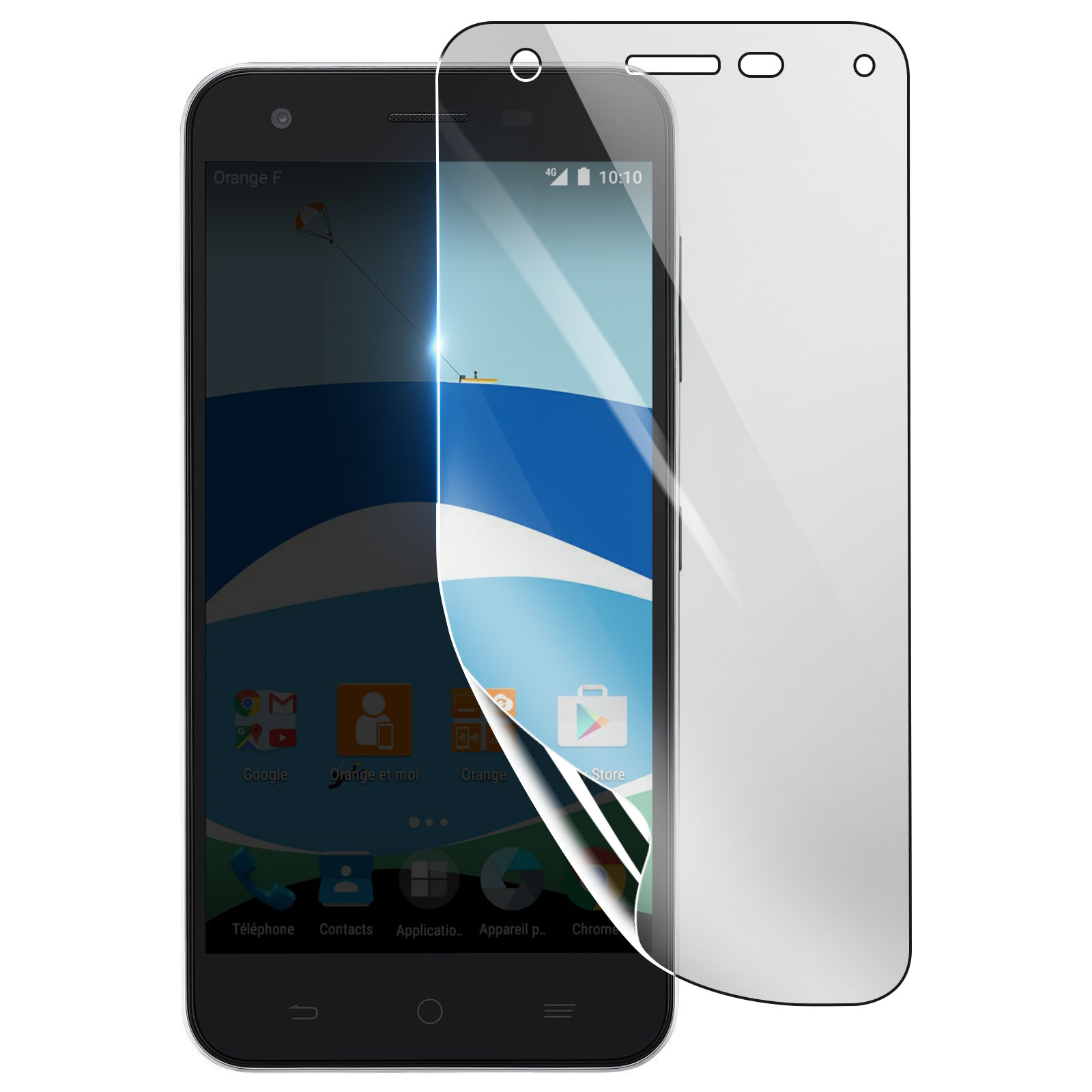 Uno smartphone con protezione schermo. Lo schermo mostra uno sfondo blu con icone di app. Una protezione rimovibile a destra.