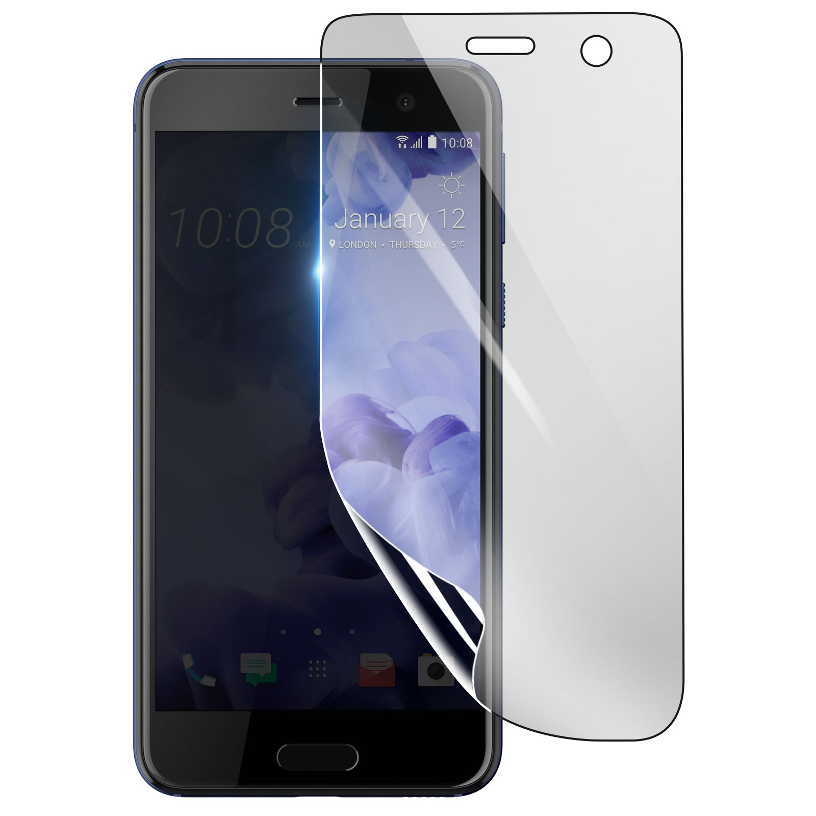 Uno smartphone con una protezione per lo schermo. Lo schermo mostra ora, data e meteo. La protezione si sta staccando.
