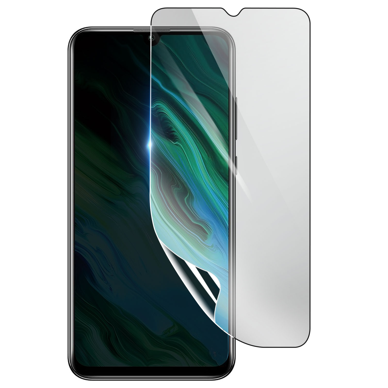 Uno smartphone con una protezione per lo schermo. Lo schermo mostra motivi astratti verdi e blu. La protezione è trasparente.