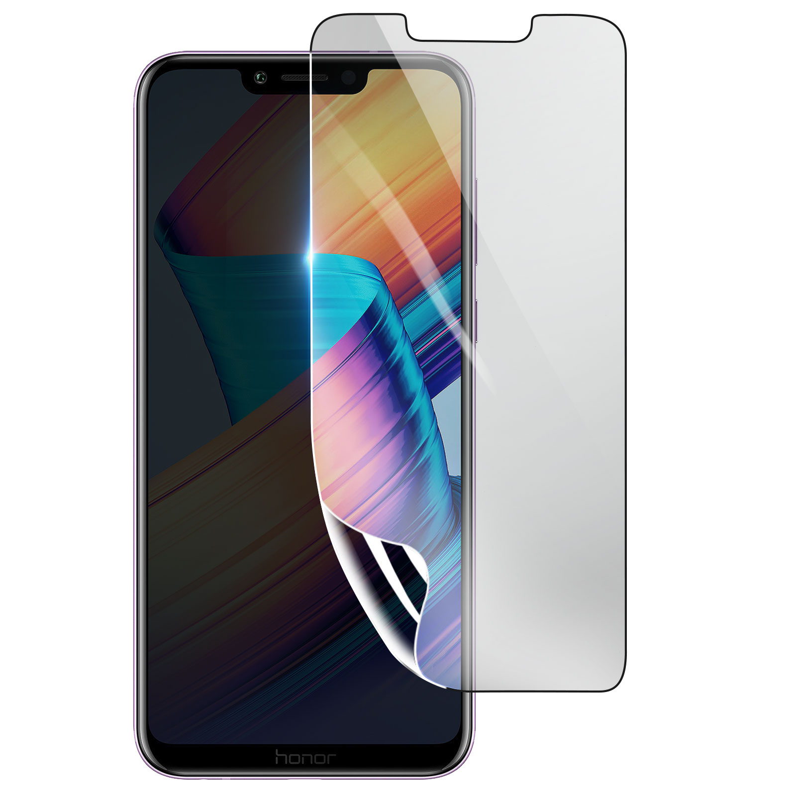 Smartphone con protezione schermo. Il telefono è nero e viola, con uno sfondo astratto colorato. La protezione è trasparente.
