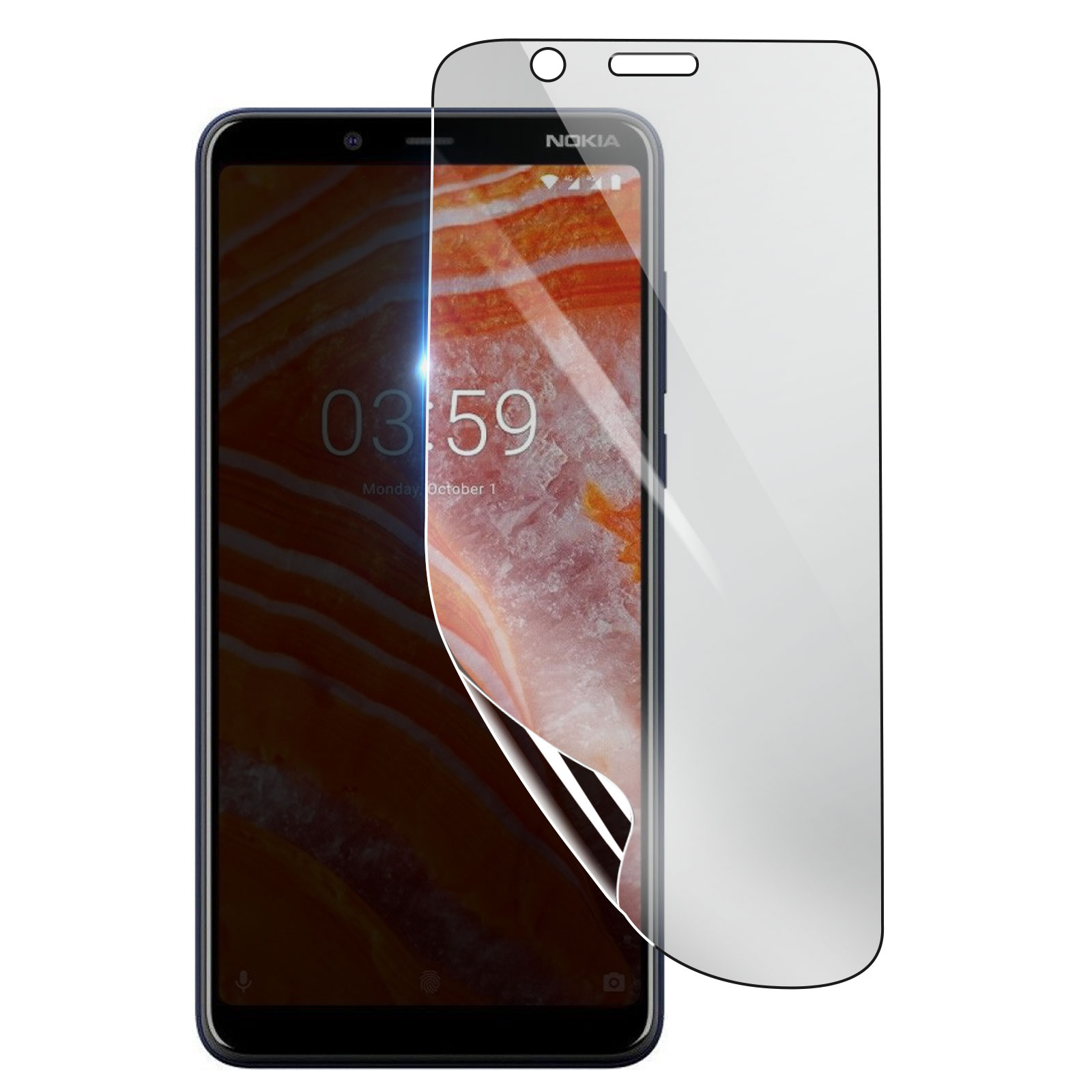 Smartphone Nokia con protezione schermo. Il display mostra l'ora 03:59, lunedì 1 ottobre.
