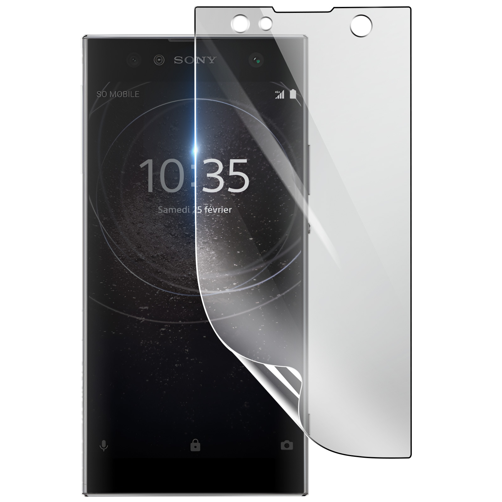 Uno smartphone con una protezione per lo schermo in applicazione. L'ora è 10:35, sabato 25 febbraio. Logo Sony visibile.