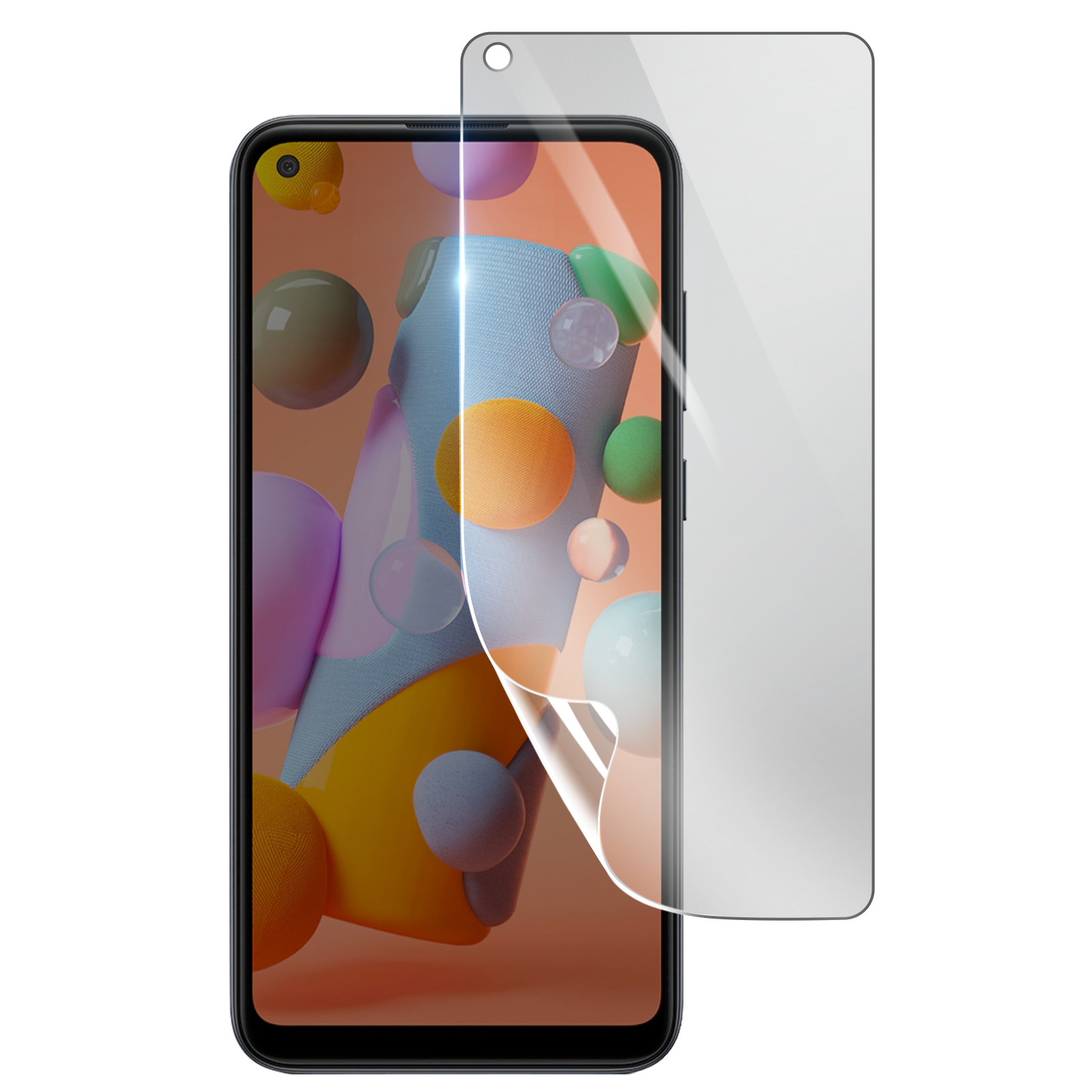 Smartphone con protezione schermo applicata. Il display mostra forme 3D colorate. Protezione parzialmente rimossa.