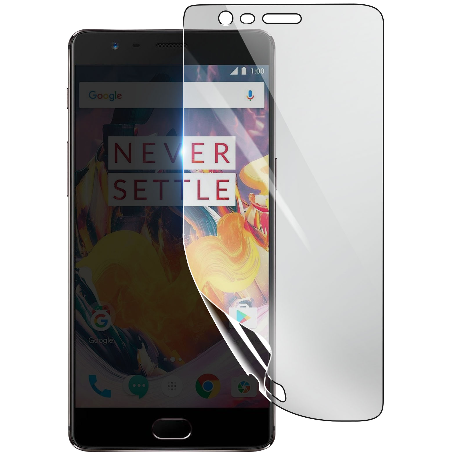 Smartphone nero con protezione schermo. Mostra sfondo colorato e la scritta "NEVER SETTLE".