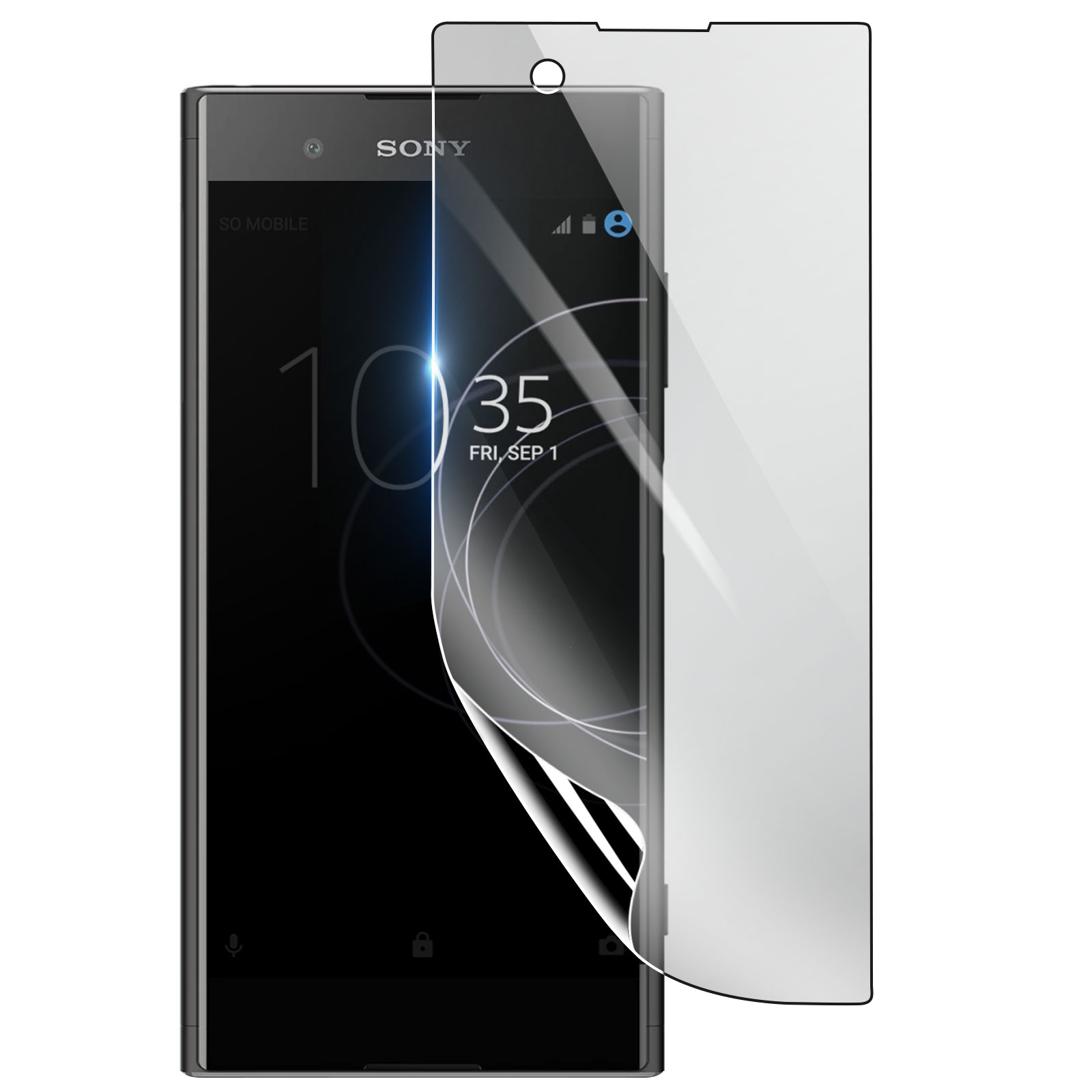 Uno smartphone Sony con una protezione per lo schermo applicata. Lo schermo mostra ora, data e icone delle app.