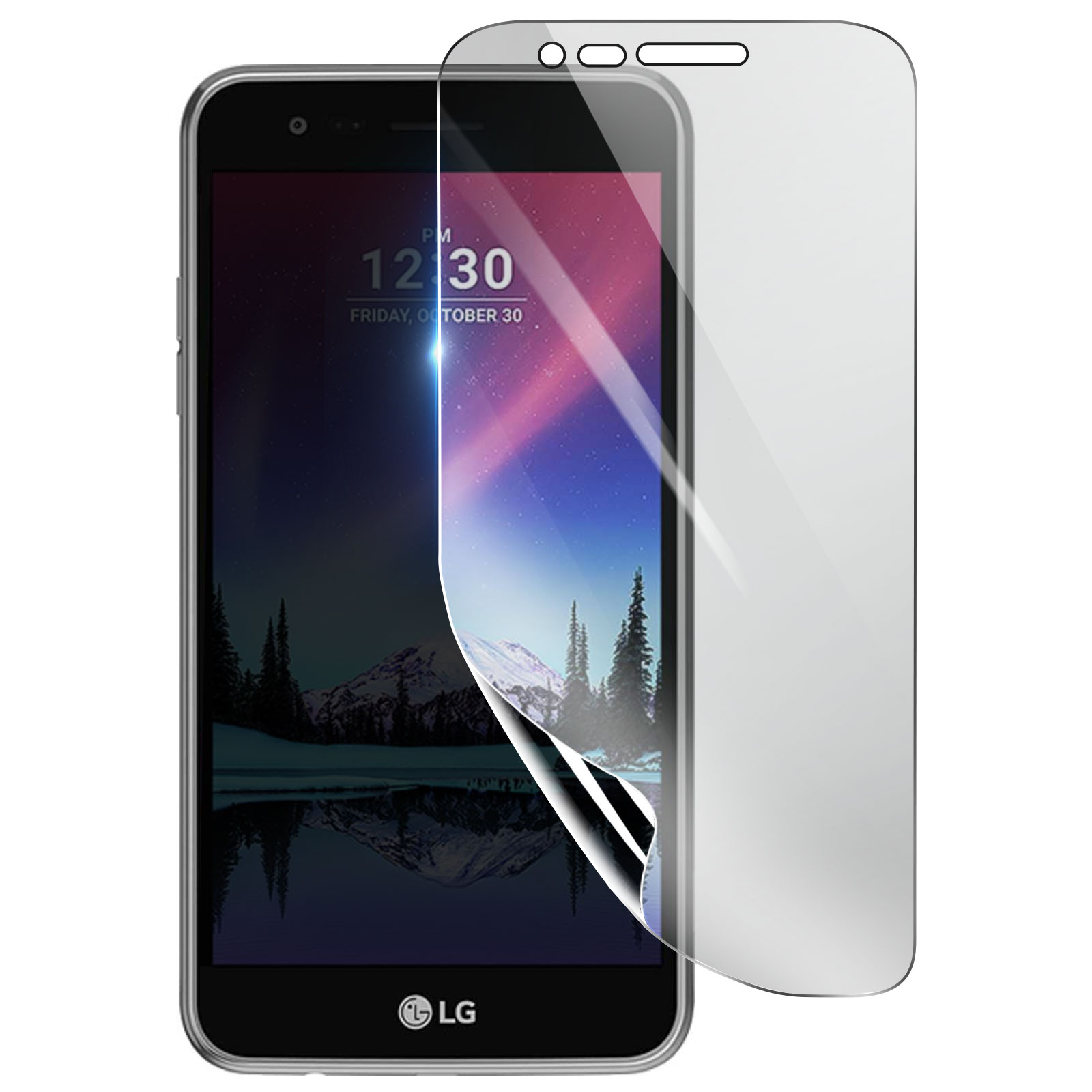 Un smartphone con un protector de pantalla aplicado. La pantalla muestra un paisaje con árboles y una montaña.
