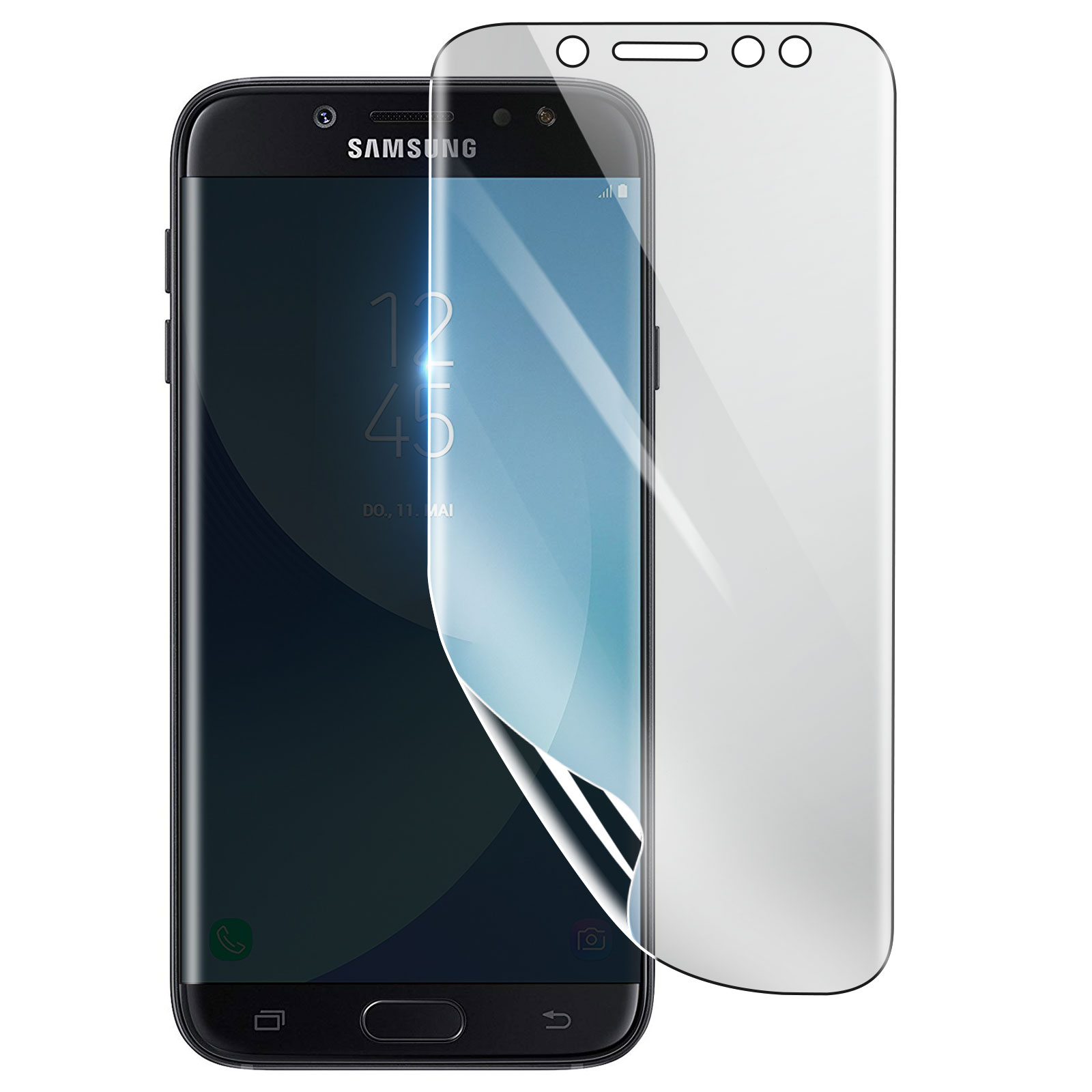 Teléfono Samsung negro con protector de pantalla. La pantalla muestra la hora. Protector parcialmente despegado. Fondo blanco.