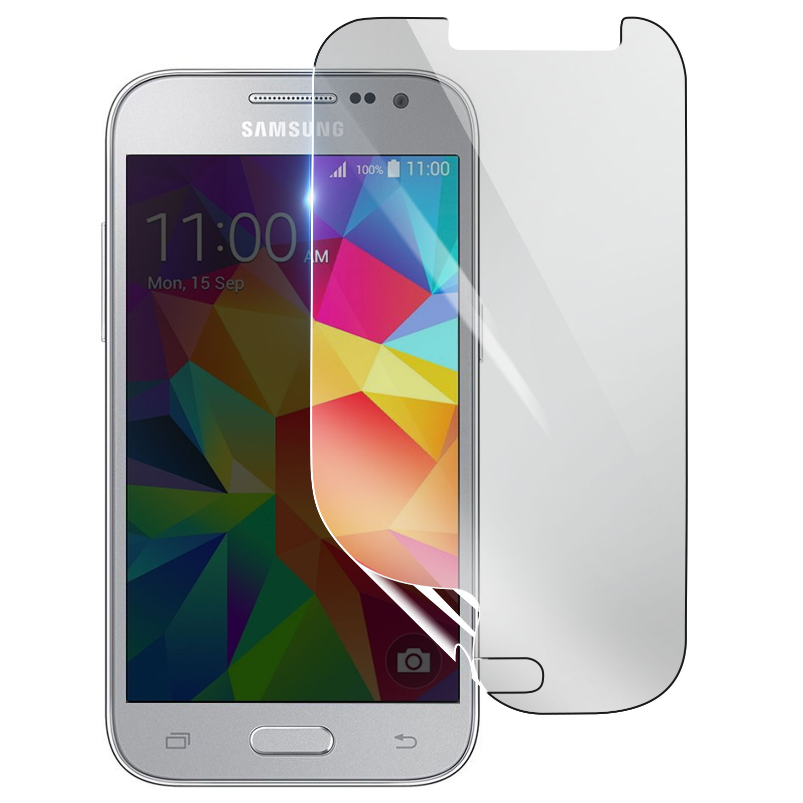 Un telefono Samsung con una protezione per lo schermo. Il telefono mostra l'ora. La protezione è parzialmente staccata.