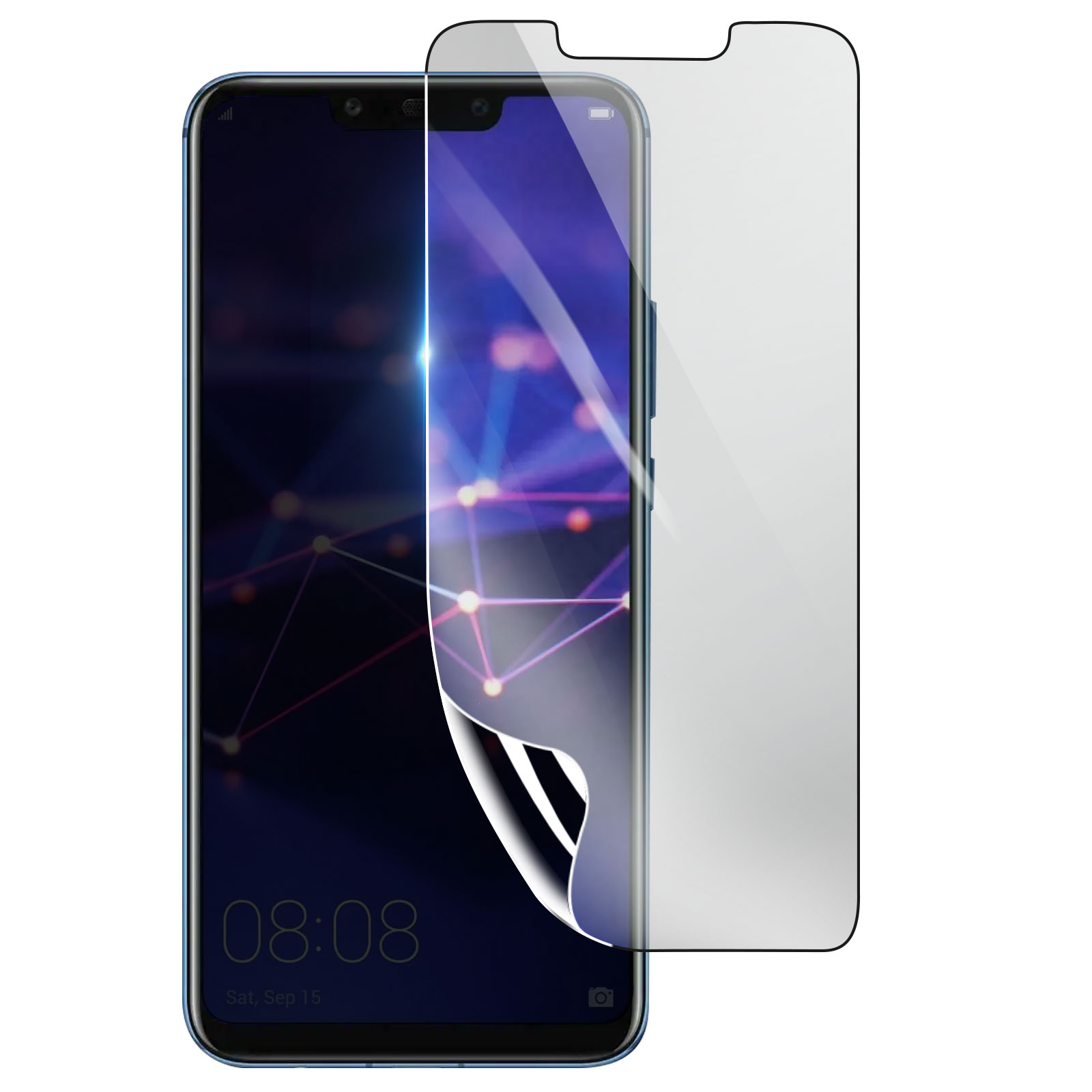 Uno smartphone con una protezione per lo schermo in applicazione. Il telefono mostra l'ora. La protezione per lo schermo è parzialmente staccata.