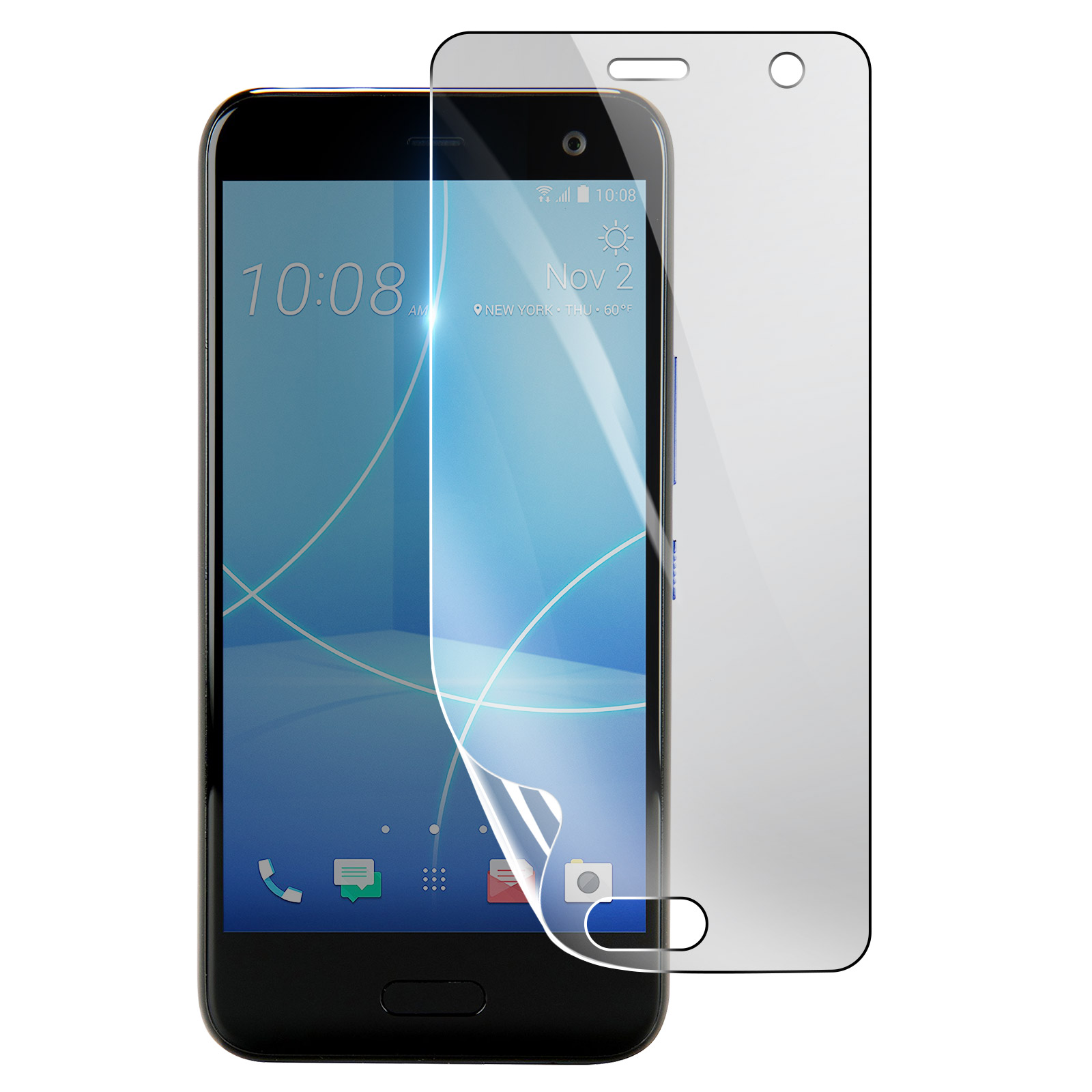 Uno smartphone con una protezione per lo schermo applicata. Lo schermo mostra l'ora, la data e le informazioni meteorologiche. Una protezione trasparente è a lato.