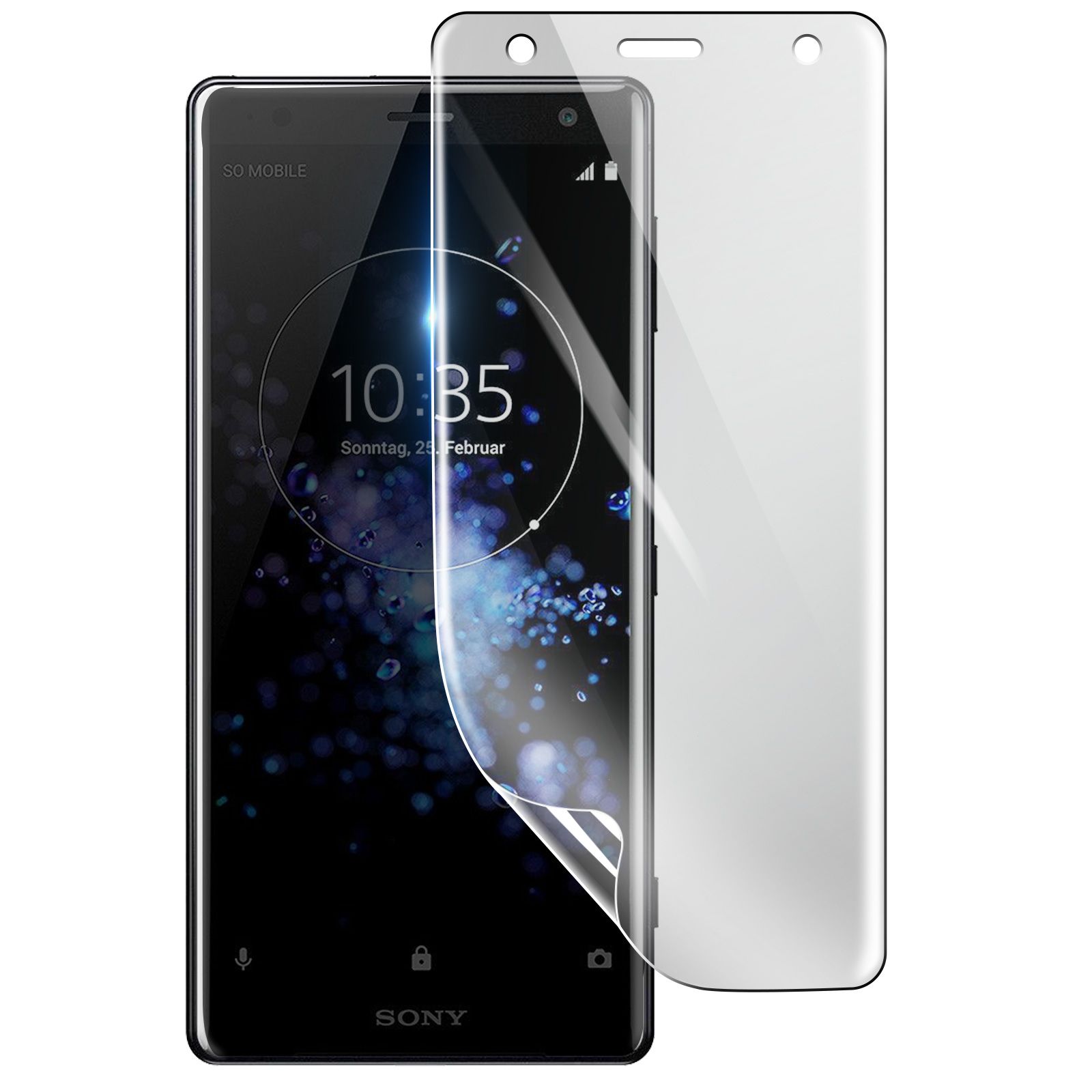 Telefono Sony nero con protezione schermo applicata. Lo schermo mostra l'ora e la data. A destra c'è una protezione schermo trasparente.