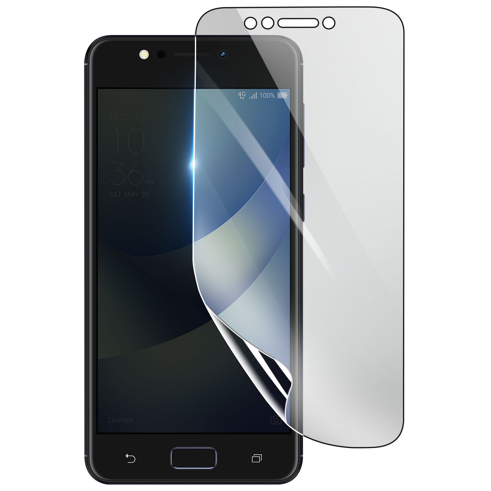 Uno smartphone nero con una protezione per lo schermo in applicazione. Lo schermo mostra l'ora e la data. Sfondo bianco.