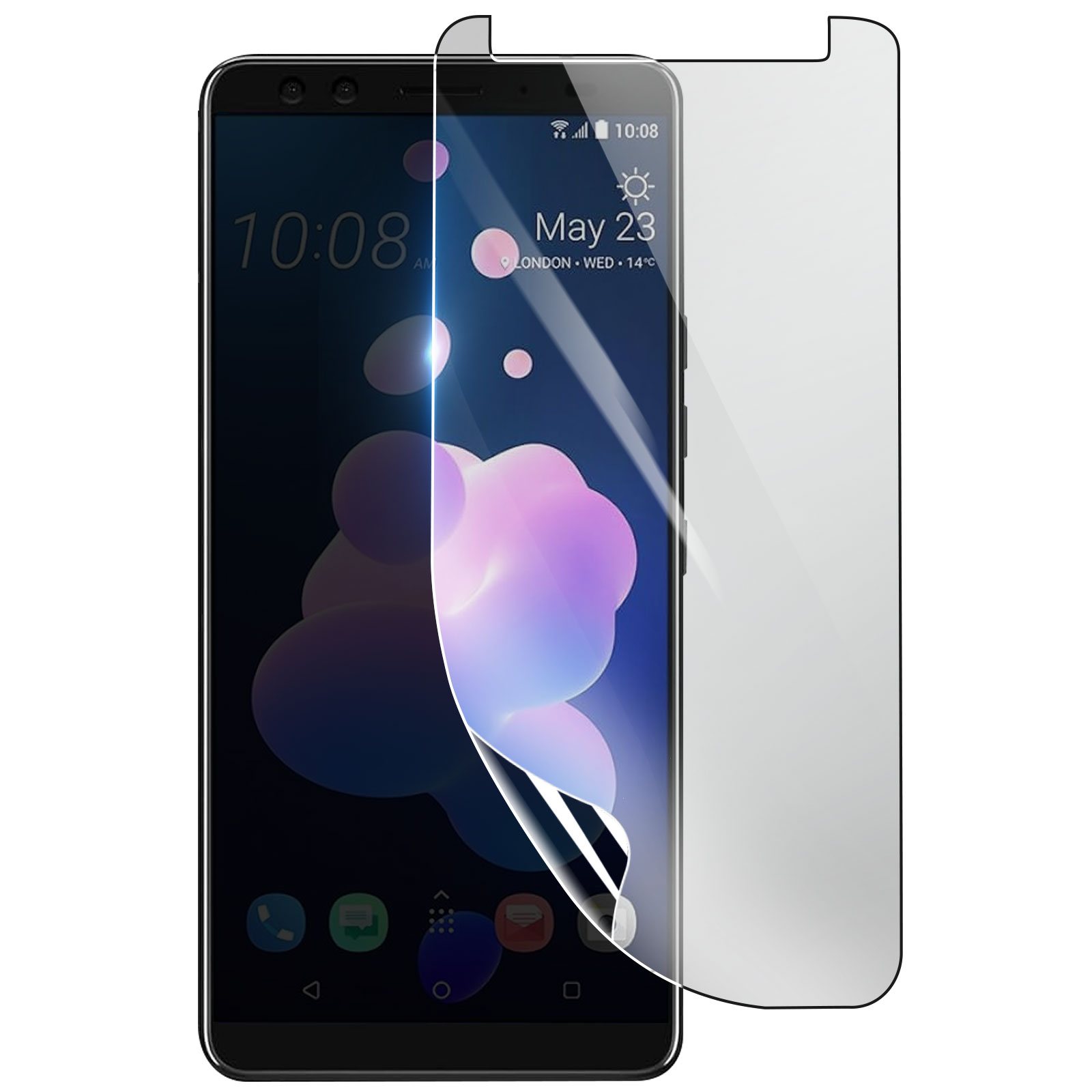 Uno smartphone con una protezione schermo parzialmente staccata. Lo schermo mostra l'ora e la data. Un protettore trasparente è a destra.