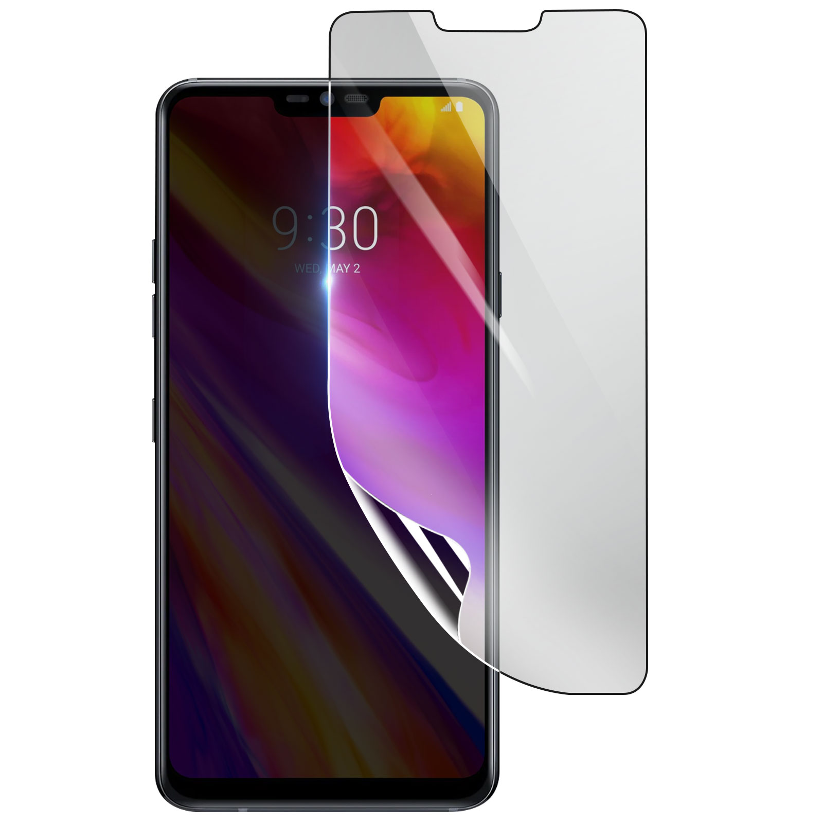 Un telefono con una protezione per lo schermo applicata. Lo schermo mostra l'ora. La protezione è parzialmente staccata.
