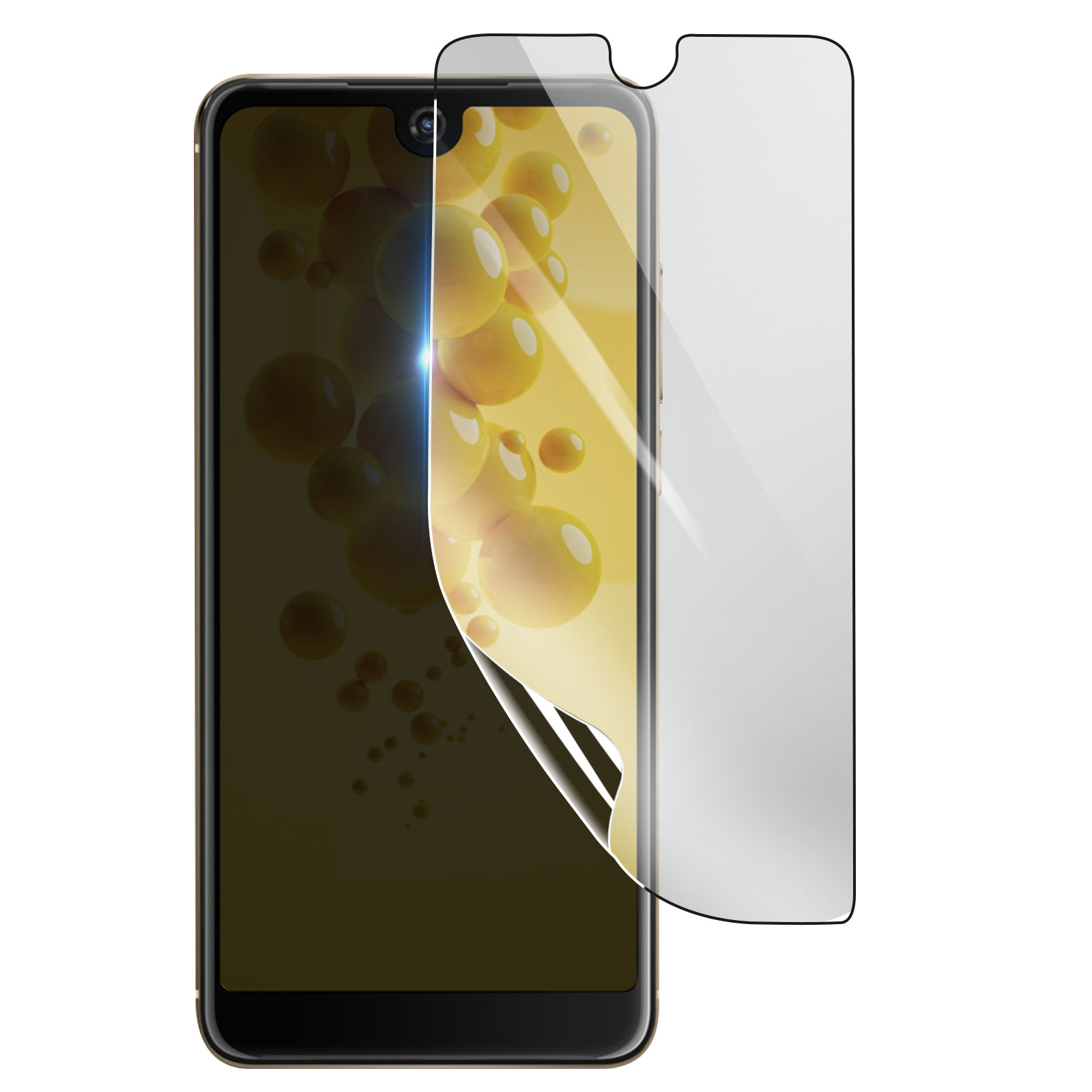 Uno smartphone con una protezione schermo parzialmente staccata. Lo schermo mostra bolle gialle.