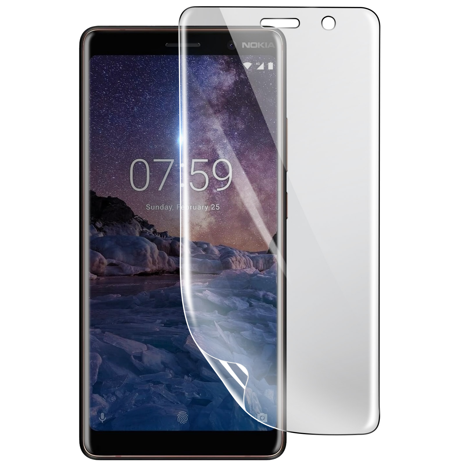 Un telefono Nokia con protezione schermo. Il telefono mostra un cielo stellato e l'ora 07:59. La protezione è trasparente.
