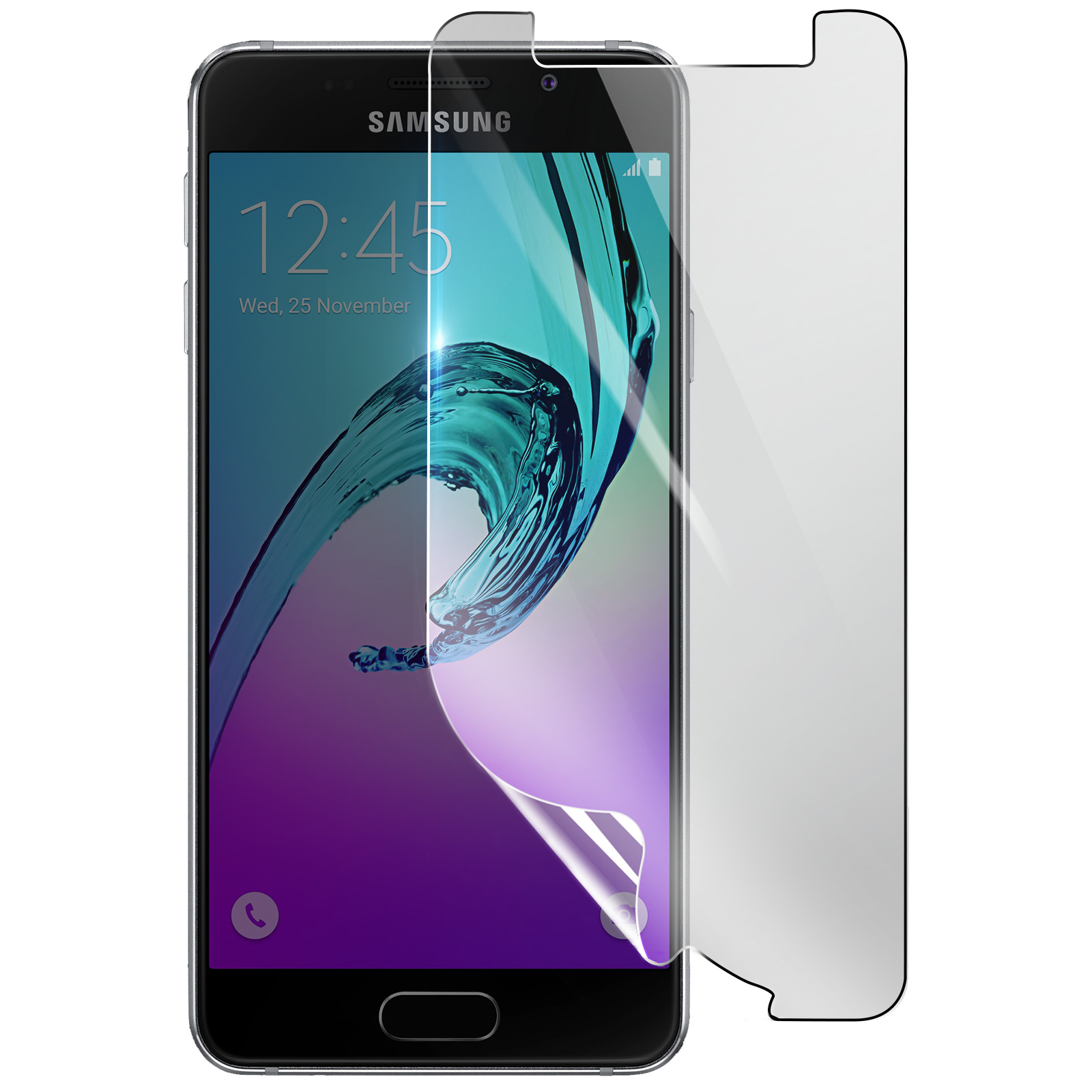 Teléfono Samsung con protector de pantalla. La pantalla muestra la hora y la fecha. Protector despegado. Fondo blanco.