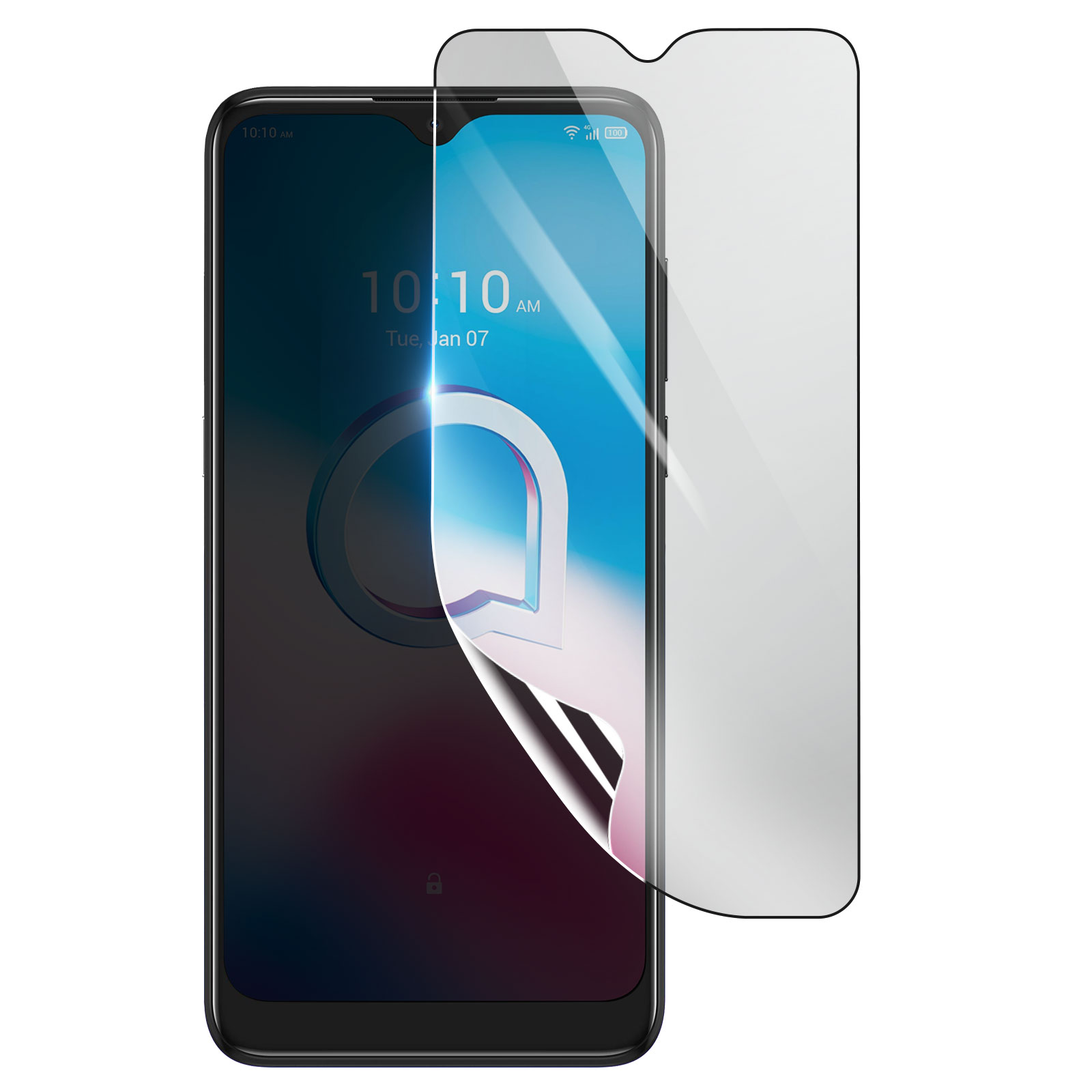 Uno smartphone con una protezione schermo che si stacca. Lo schermo mostra l'ora e la data. Sfondo bianco.