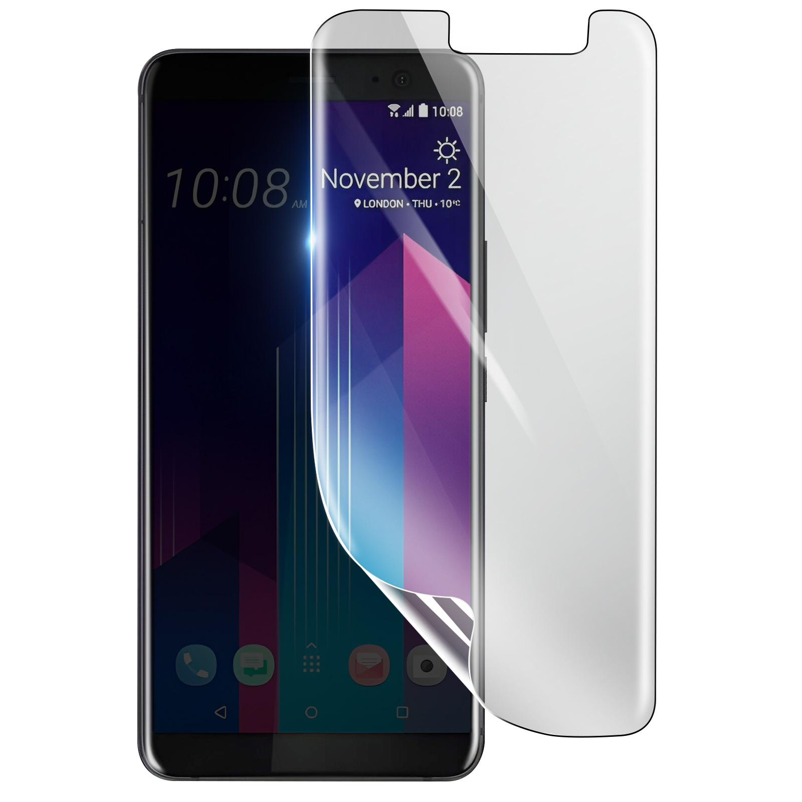 Uno smartphone con una protezione per lo schermo. Lo schermo mostra l'ora, la data e le icone. La protezione è leggermente staccata.