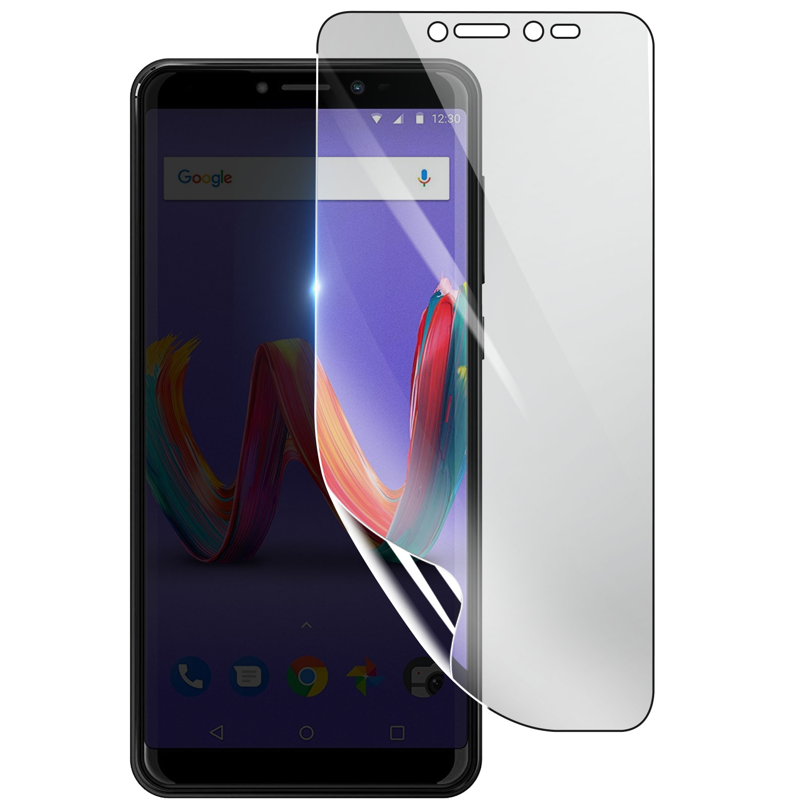 Uno smartphone nero con una protezione per lo schermo applicata. Lo schermo mostra Google e arte astratta colorata.