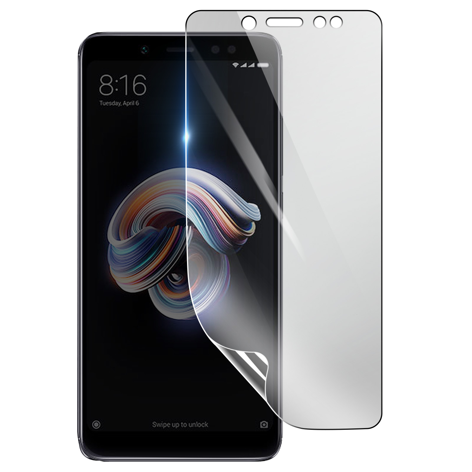 Uno smartphone con una protezione per lo schermo applicata. Il telefono mostra l'ora e la data. Un angolo staccato mostra lo schermo.