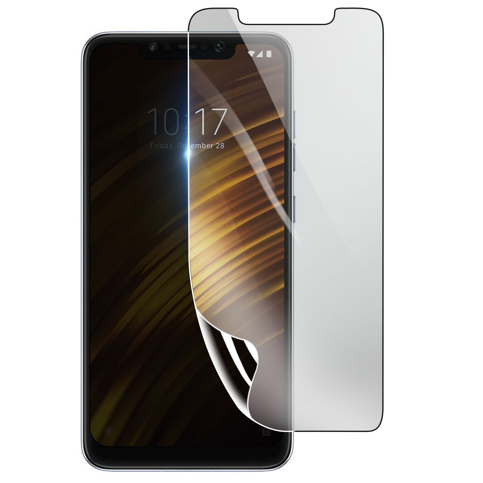 Uno smartphone con una protezione schermo parzialmente staccata. Lo schermo mostra l'ora e la data. La protezione è trasparente.