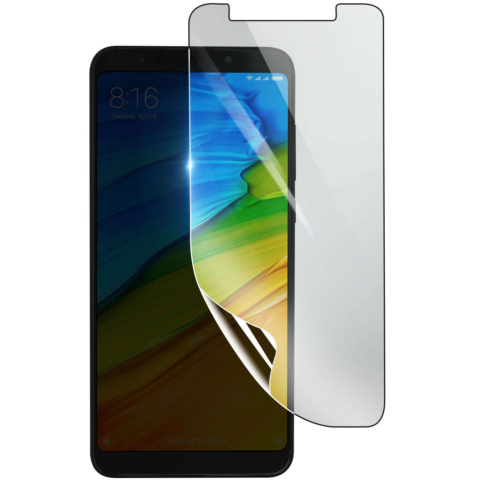 Uno smartphone con una protezione per lo schermo applicata. Il telefono mostra l'ora e uno sfondo astratto colorato.