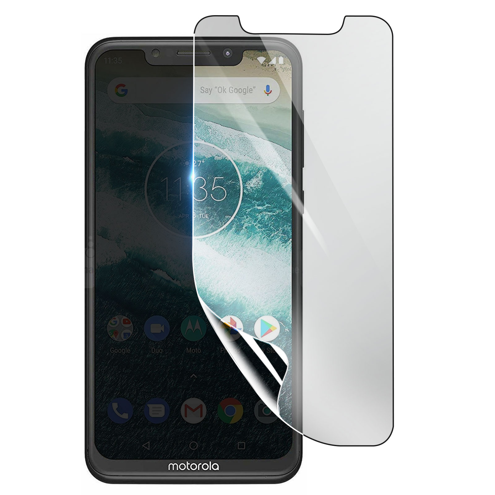 Smartphone Motorola con protezione schermo applicata. Il display mostra l'ora, la barra di ricerca Google e le icone delle app.