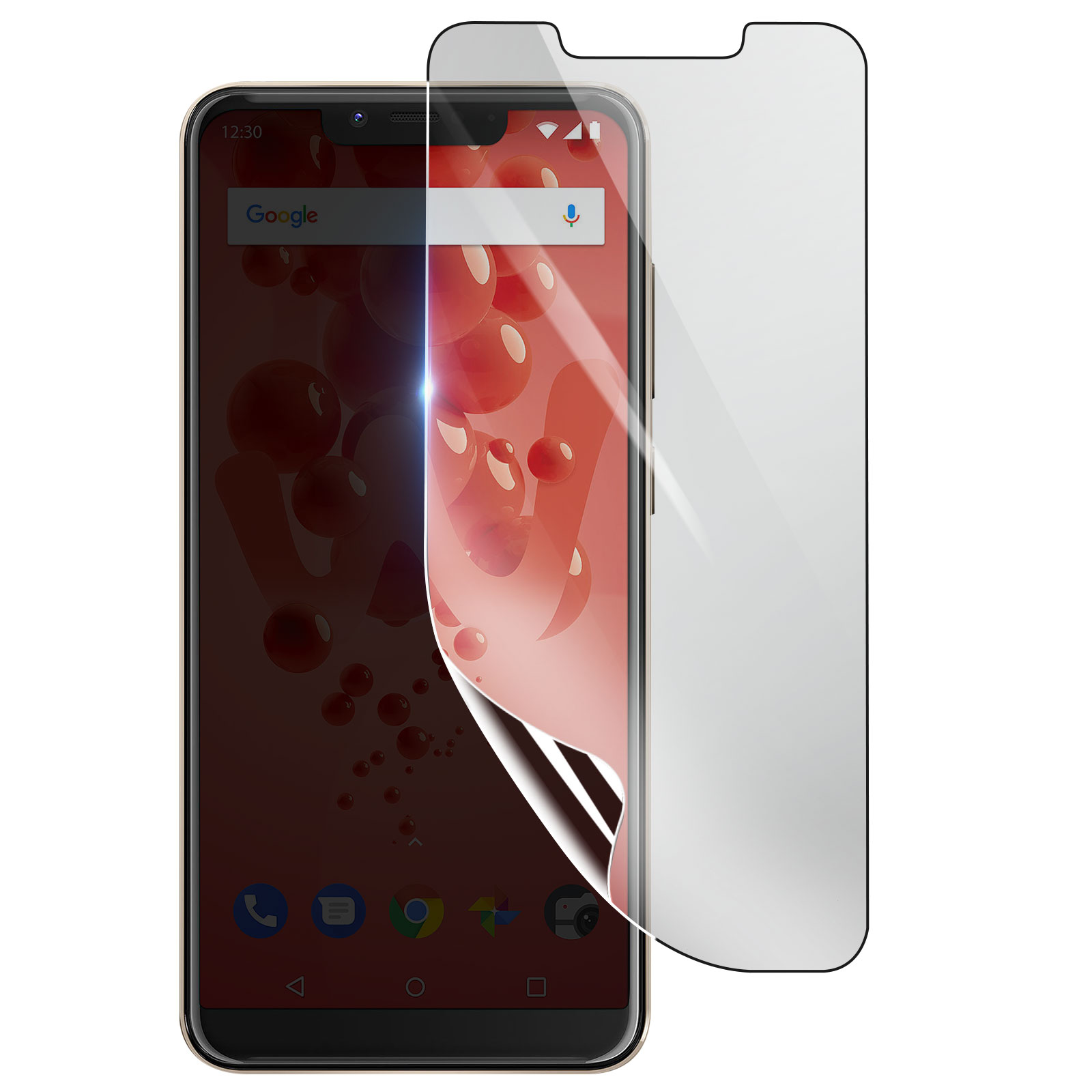 Uno smartphone con una protezione schermo che si stacca. Lo schermo mostra uno sfondo rosso con bolle e icone di app.