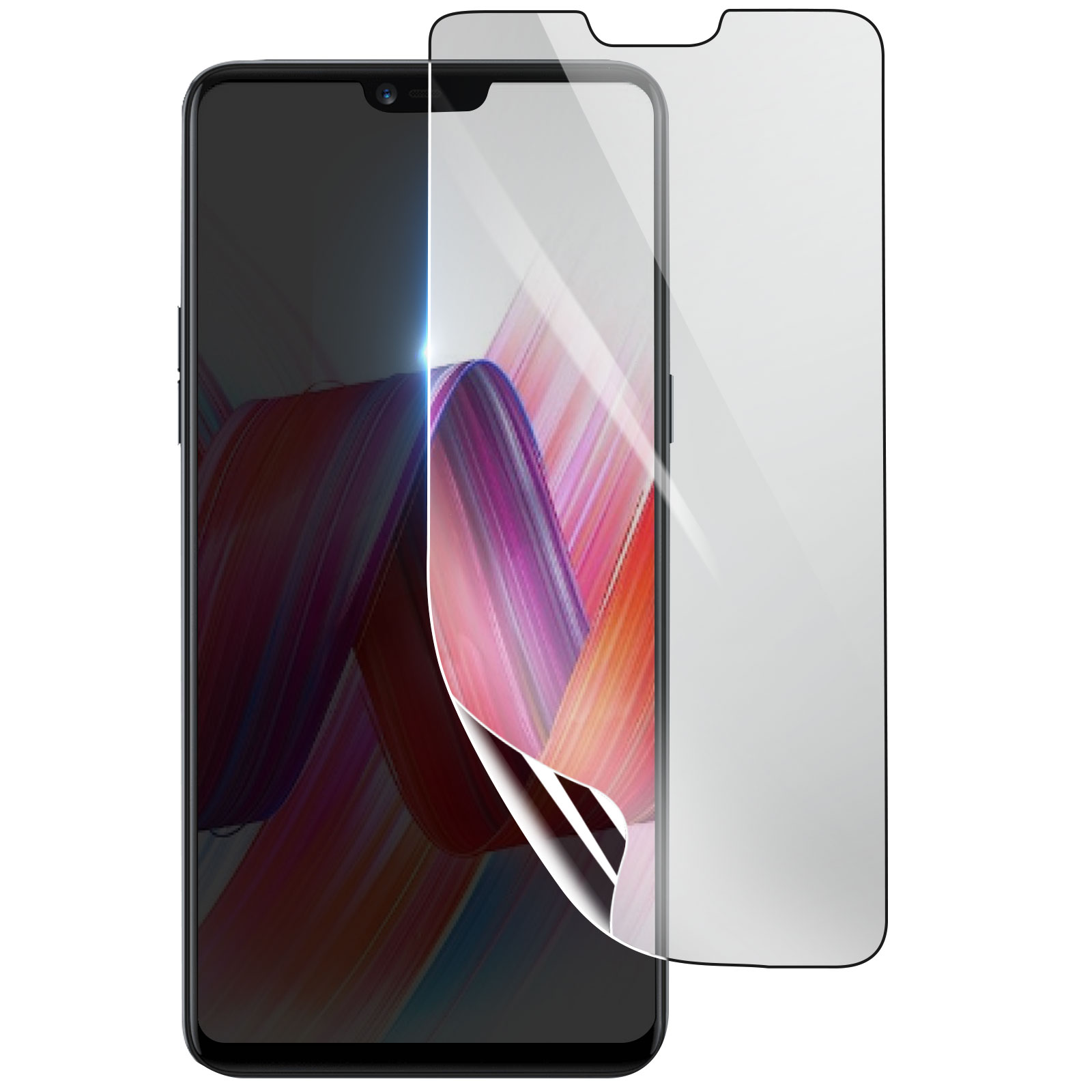 Uno smartphone con una protezione per lo schermo applicata. Lo schermo mostra pennellate colorate e la protezione è parzialmente staccata.