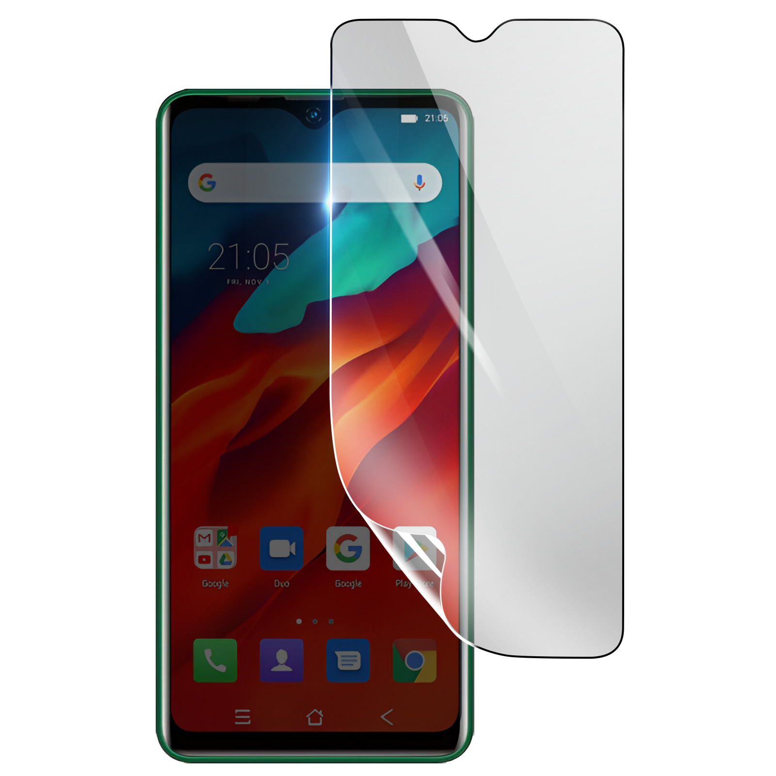 Uno smartphone con una protezione per lo schermo applicata. Il telefono mostra l'ora e le icone delle app. La protezione è parzialmente staccata.