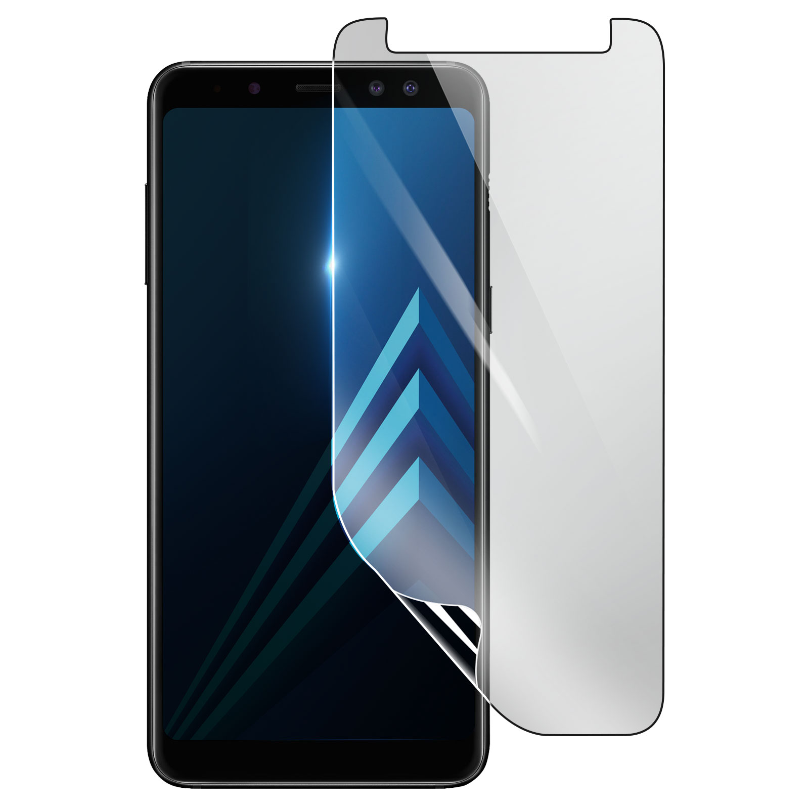 Smartphone nero con protezione schermo. Lo schermo mostra un design astratto blu e bianco. La protezione è parzialmente staccata.