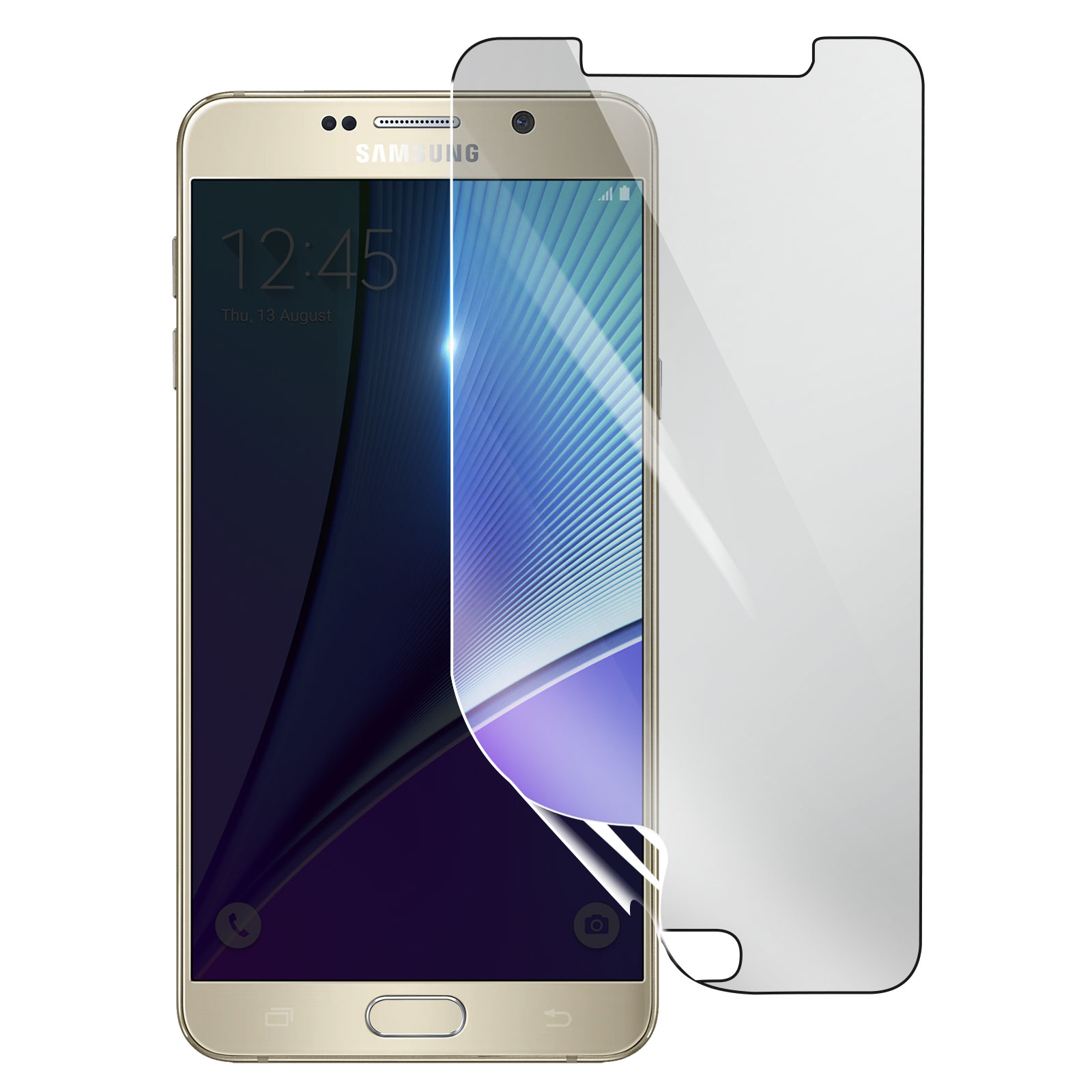 Smartphone dorato con protezione schermo applicata. Lo schermo mostra l'ora e una sfumatura blu e viola. La protezione è parzialmente rimossa.