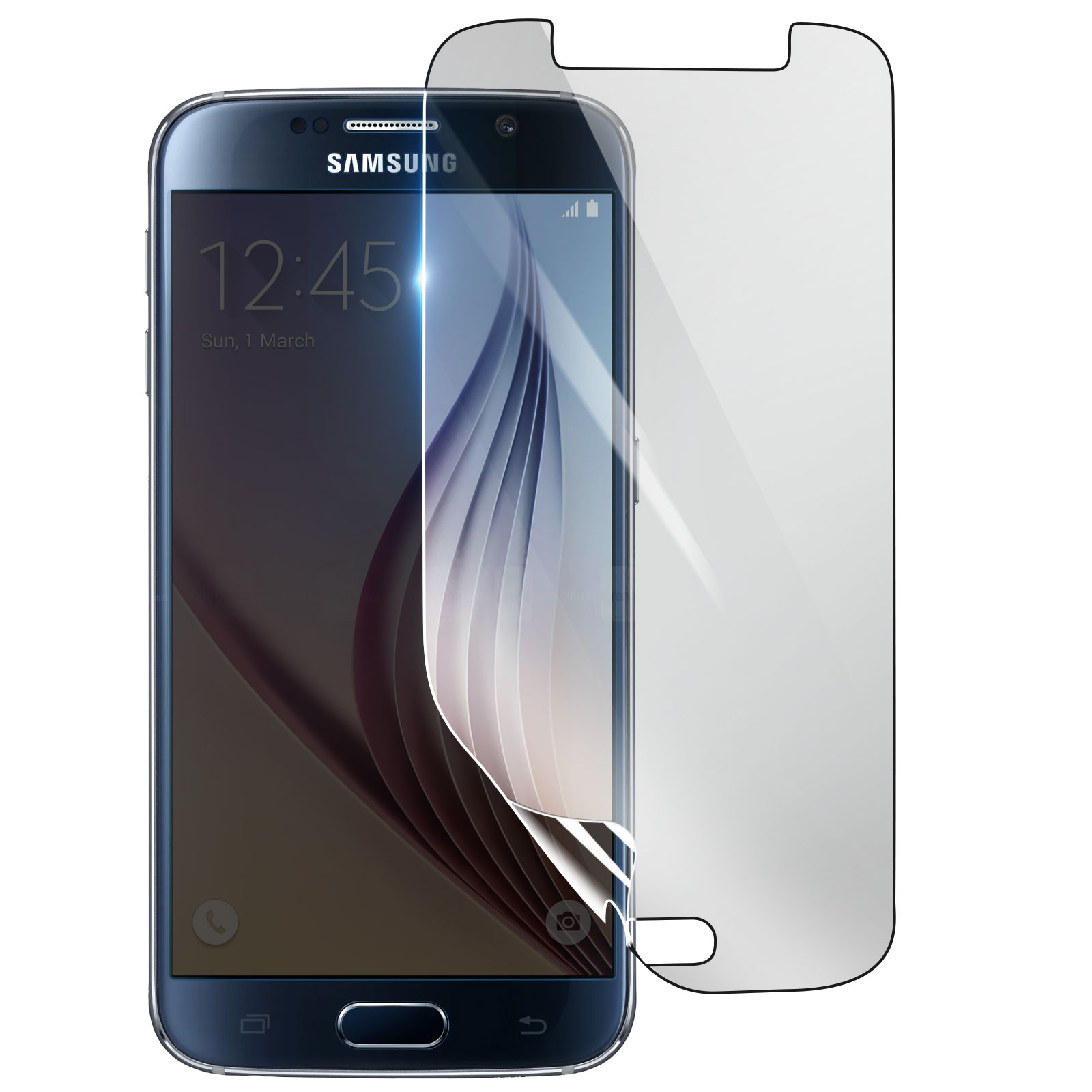 Un telefono Samsung con protezione schermo. L'ora è 12:45. Viene visualizzato domenica 1 marzo.