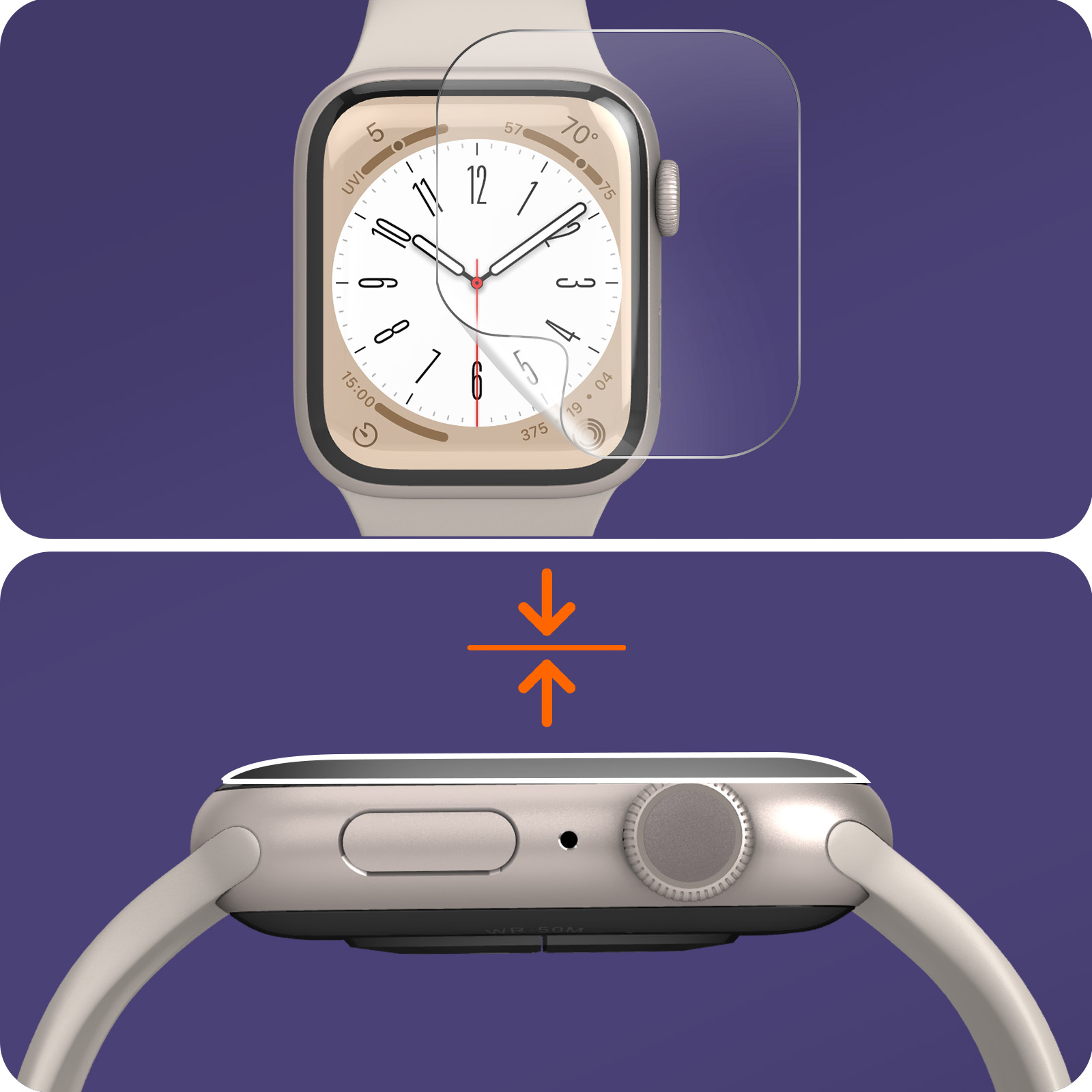 Un Apple Watch con protezione schermo applicata. L'orologio è di colore chiaro con quadrante bianco. Frecce indicano la vestibilità.