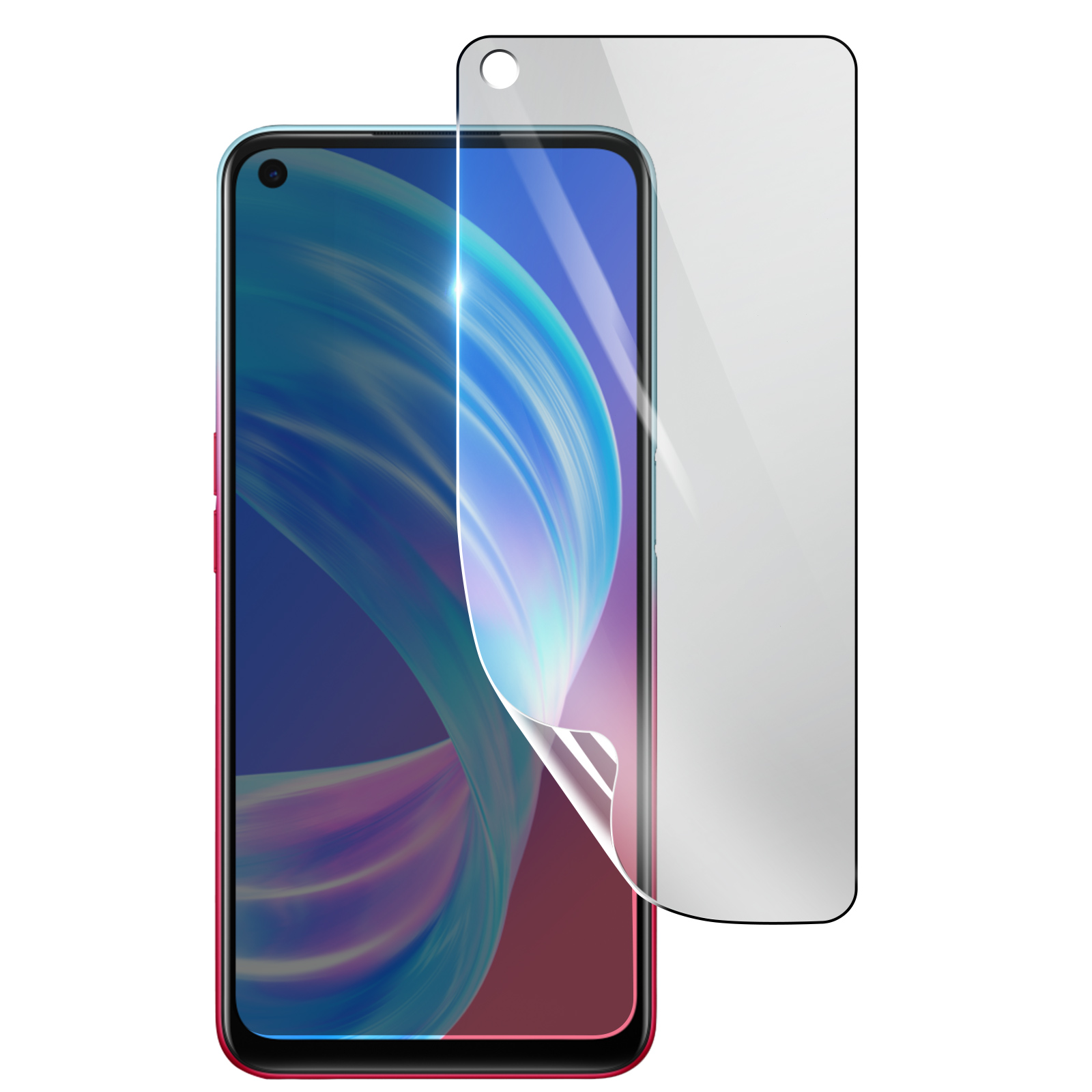 Uno smartphone con una protezione per lo schermo in applicazione. Il telefono è rosso e blu, la protezione è trasparente.