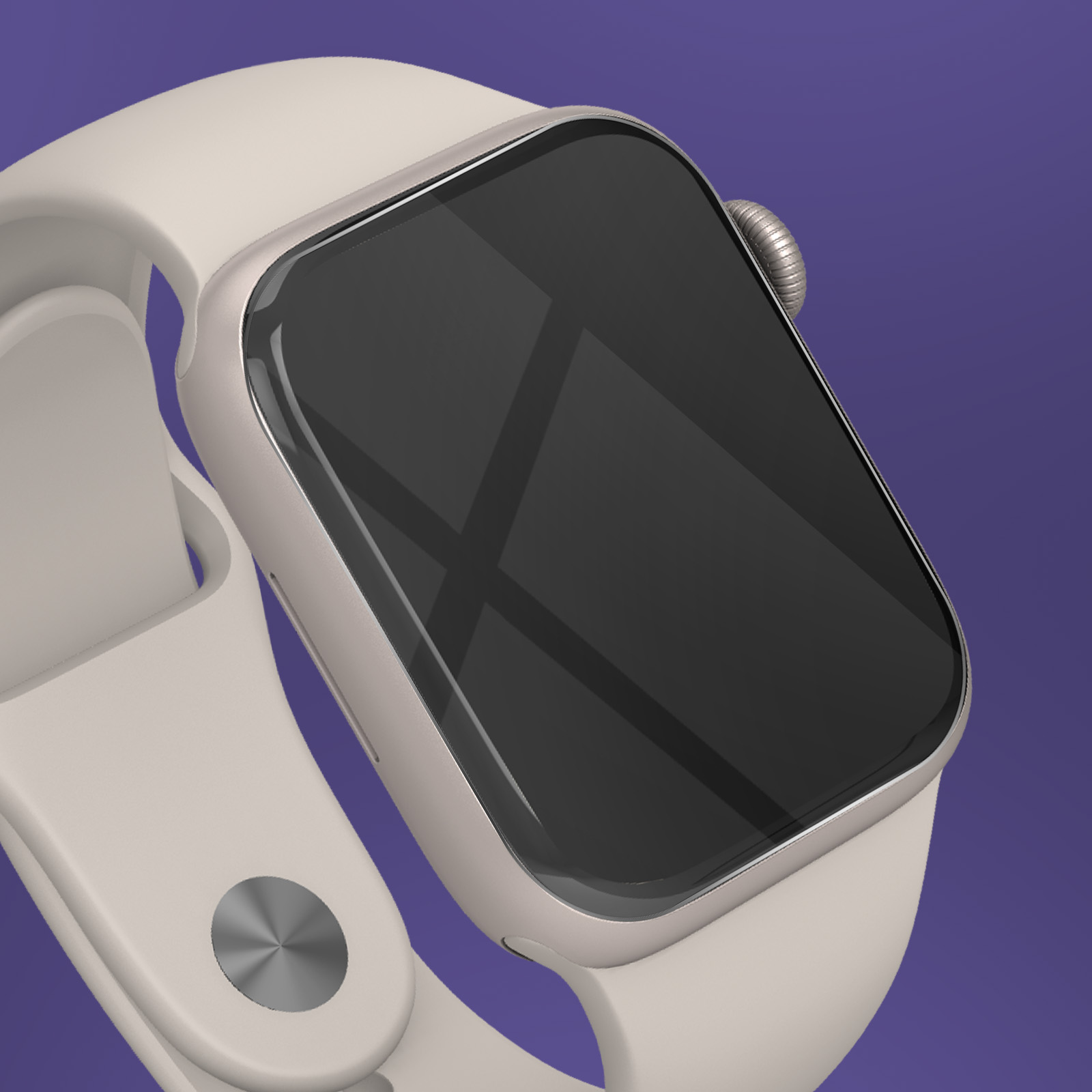 Uno smartwatch grigio chiaro con schermo nero e cinturino grigio, su sfondo viola.