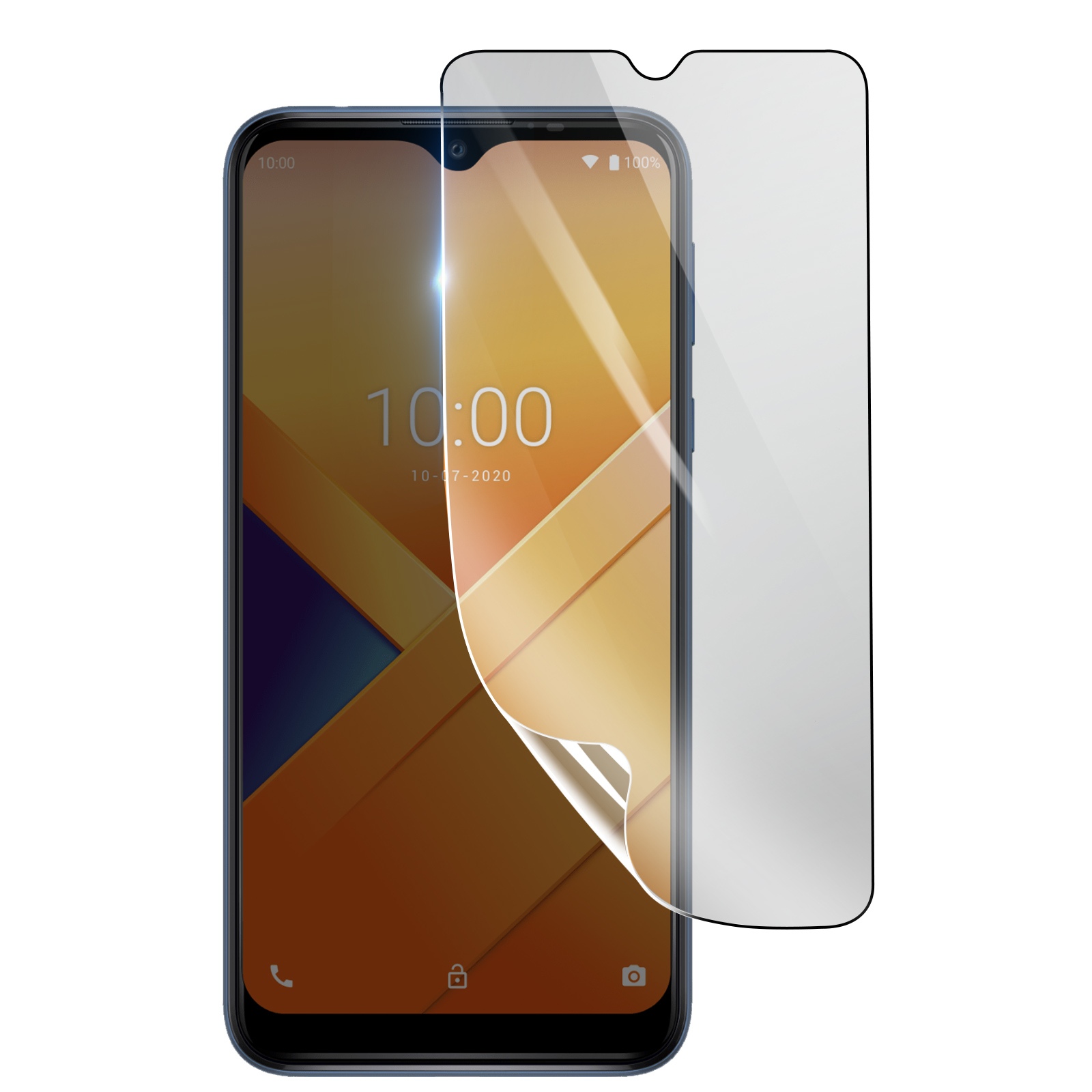 Uno smartphone blu con un proteggi schermo in applicazione. Lo schermo mostra ora e data. Sfondo bianco.