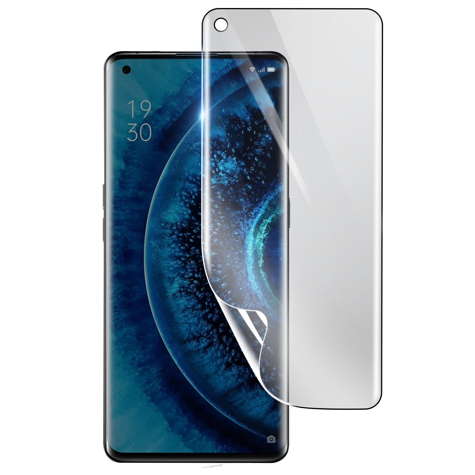 Uno smartphone con una protezione per lo schermo in fase di applicazione. Il telefono mostra uno sfondo blu con l'ora 19:30.