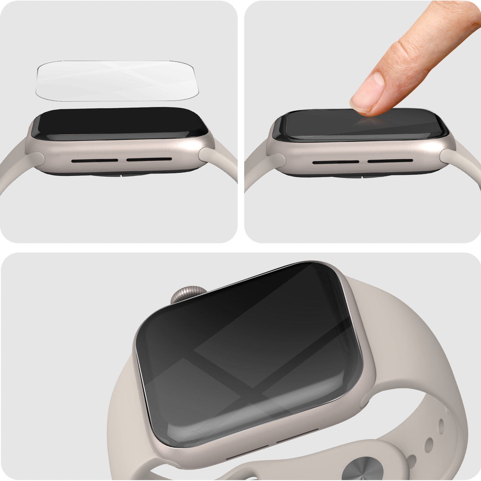 Un Apple Watch con protezione schermo in applicazione. Un dito preme lo schermo. Cinturino e cassa beige visibili.