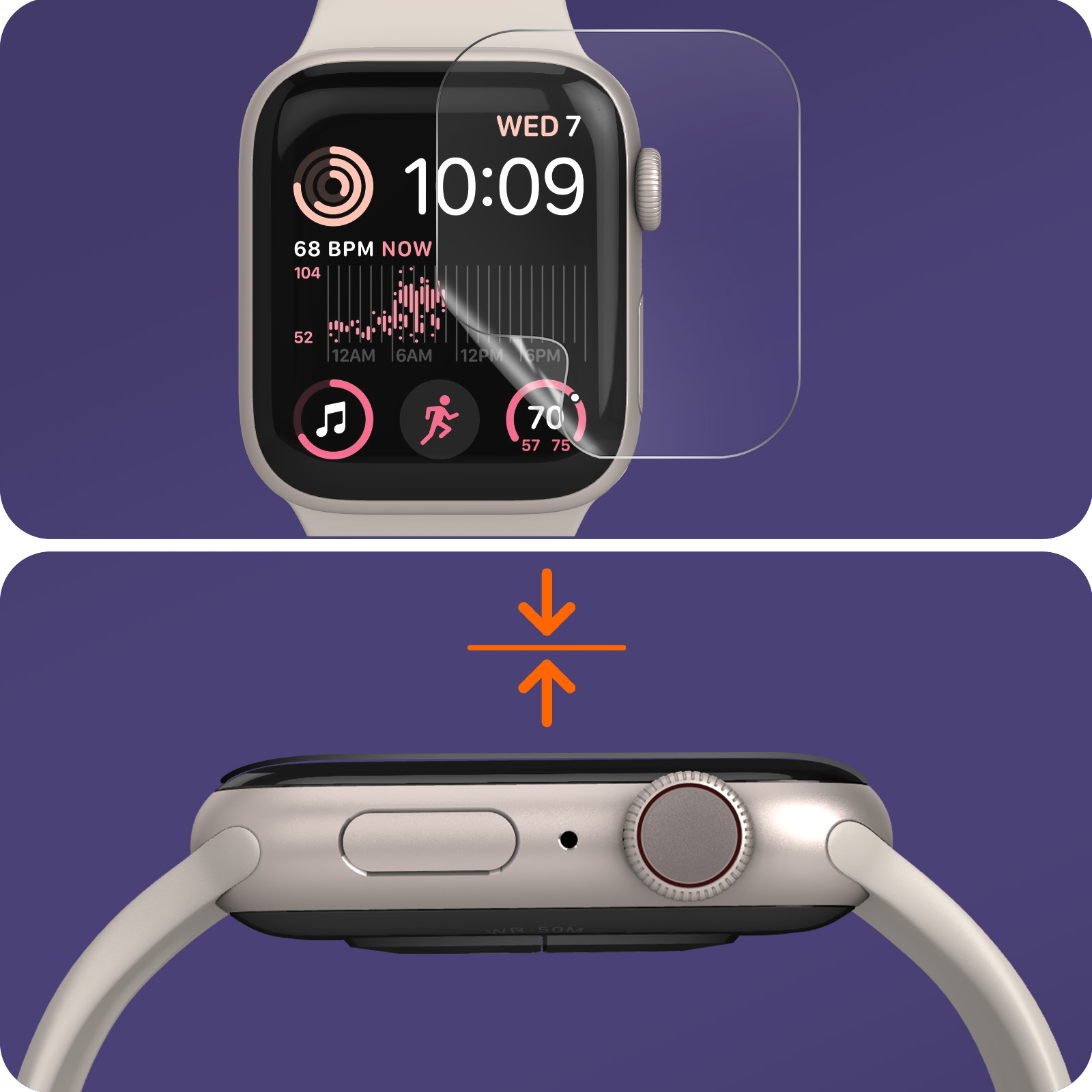 Smartwatch con protezione schermo. Visualizza ora, frequenza cardiaca e app. L'immagine è su sfondo viola.