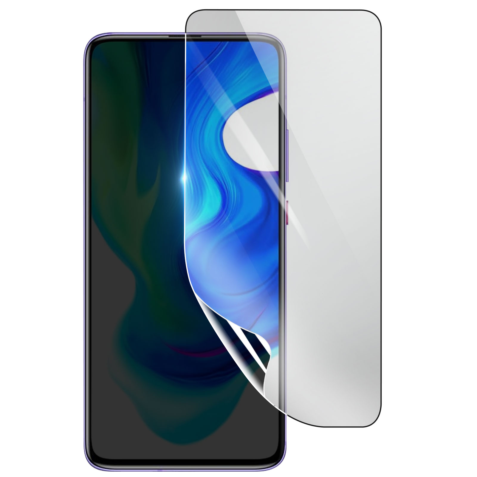 Un teléfono inteligente con un protector de pantalla que se está despegando. El teléfono tiene una pantalla azul y morada. El protector es transparente.