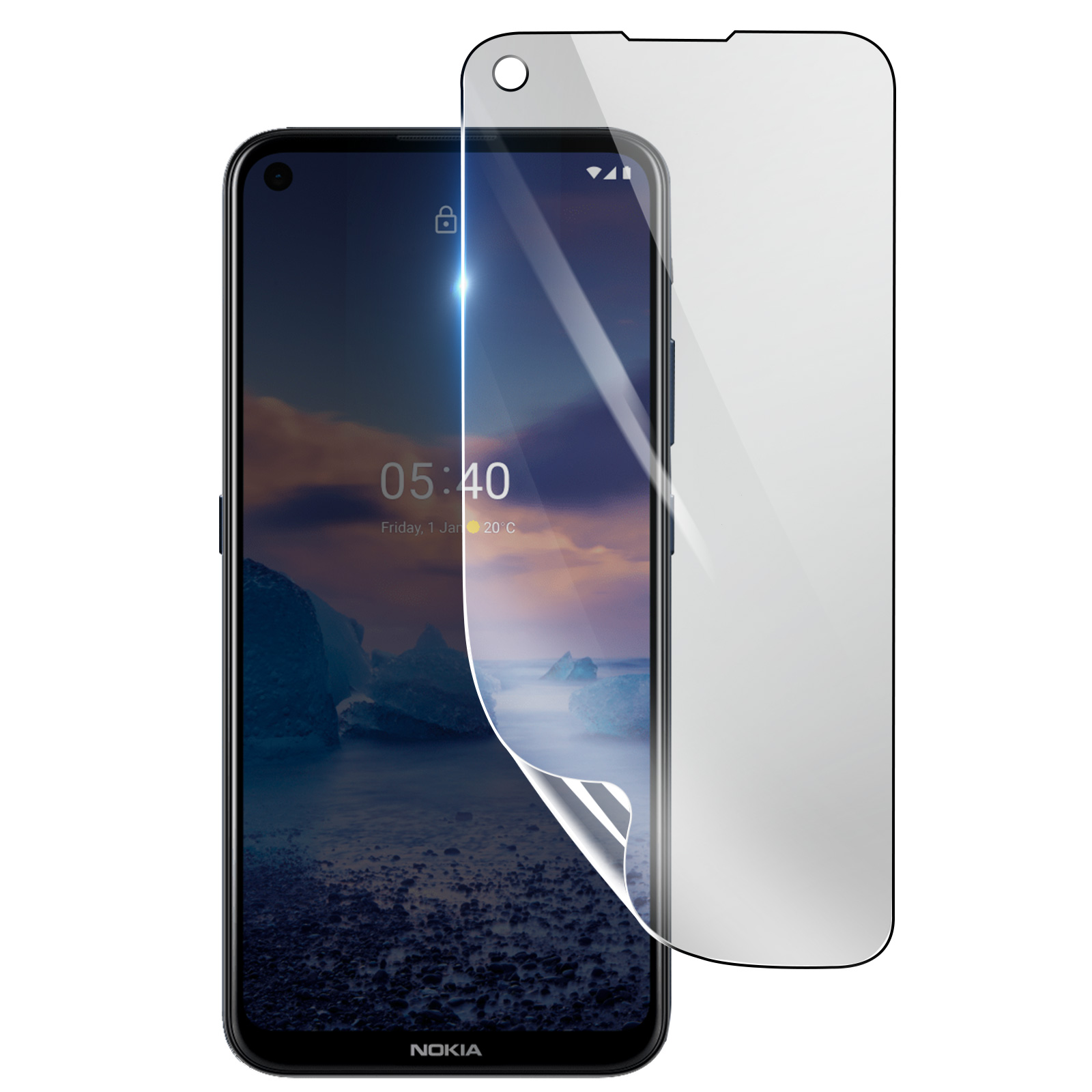 Un telefono Nokia con protezione schermo. Lo schermo mostra l'ora e un'immagine del paesaggio. La protezione è parzialmente staccata.