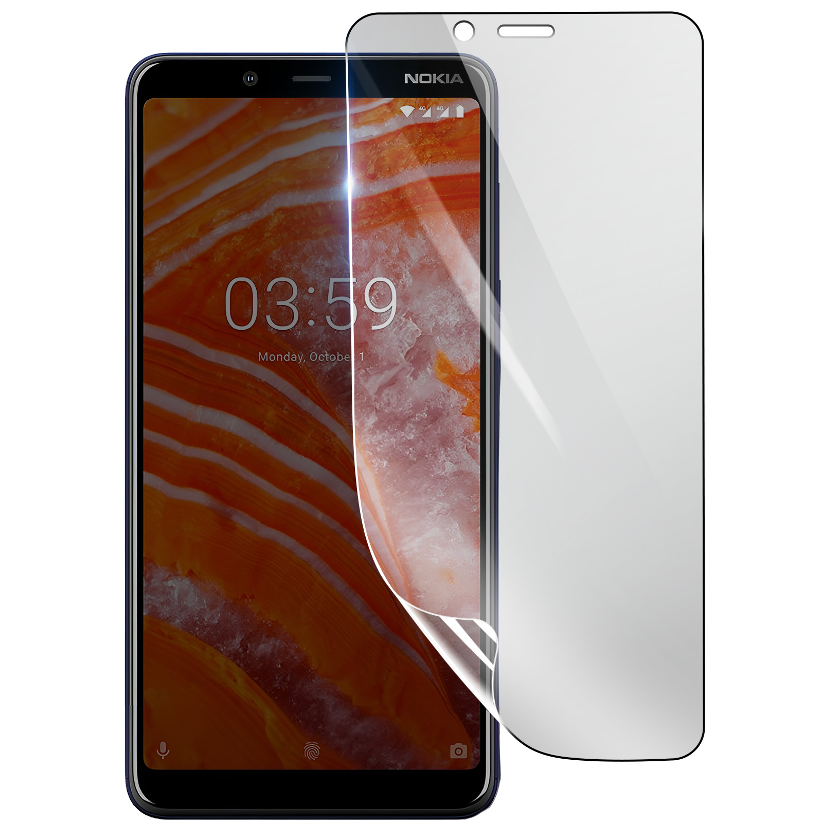 Uno smartphone Nokia con protezione schermo. Lo schermo mostra l'ora e la data. La protezione è parzialmente staccata.