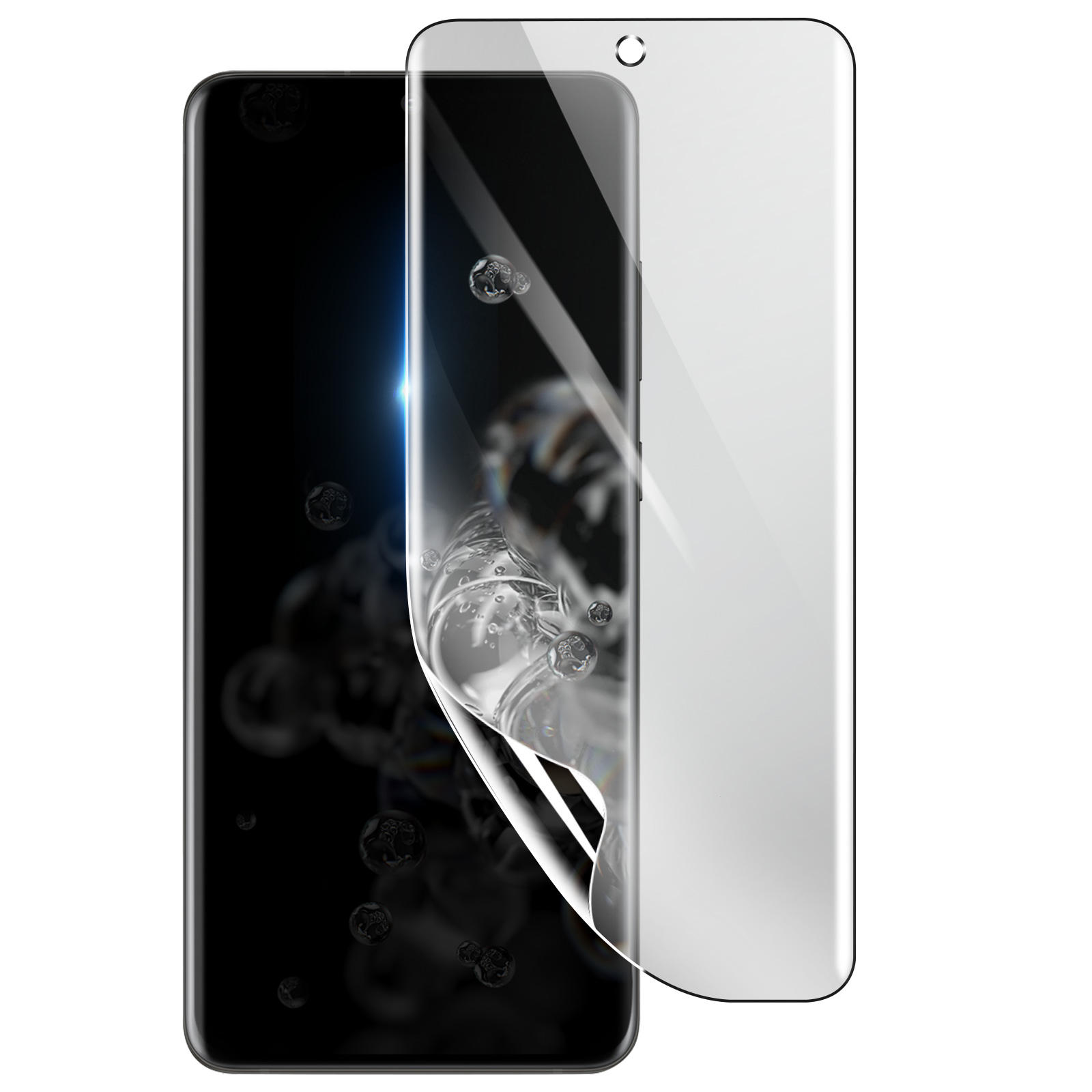 Uno smartphone con una protezione per lo schermo applicata. Il telefono è nero, con una protezione trasparente. Sono visibili bolle.