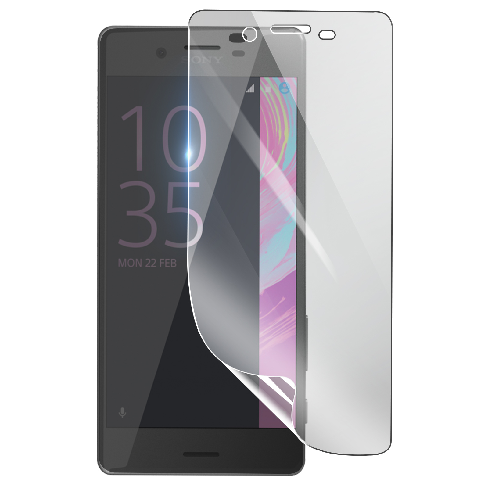 Uno smartphone Sony nero con protezione schermo applicata. Lo schermo mostra ora e data. La protezione è parzialmente staccata.